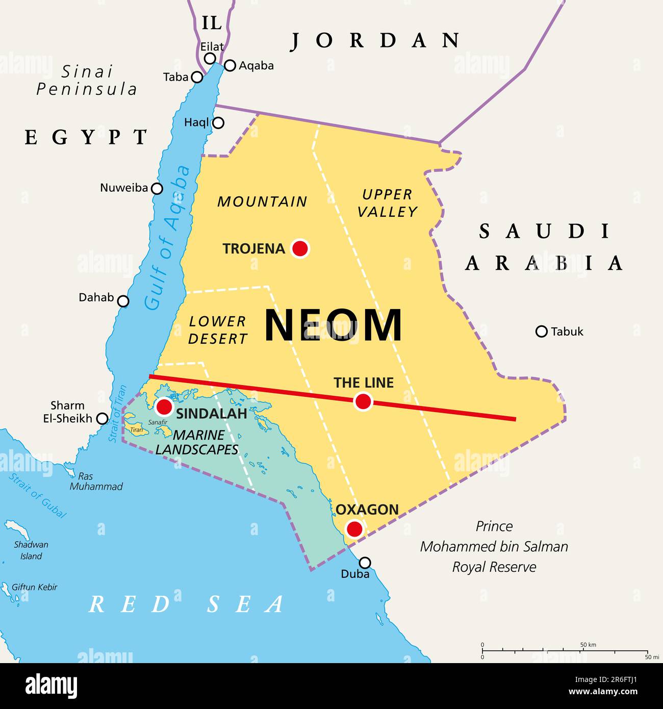 Regionen und Orte der NEOM, politische Karte. Geplante intelligente Stadt in der Provinz Tabuk, Saudi-Arabien mit mehreren Regionen. Stockfoto