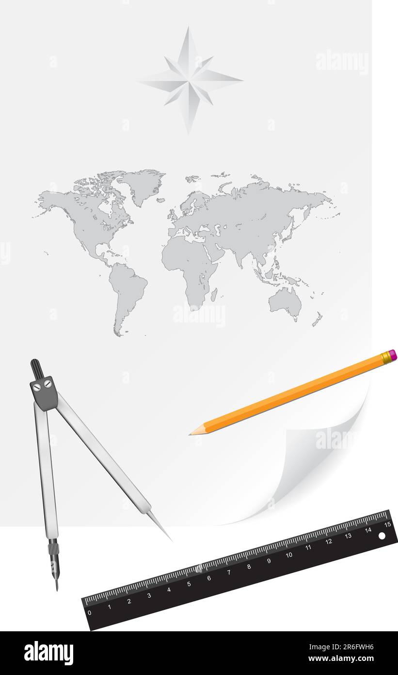 Messwerkzeuge ein Kompass, ein Bleistift und ein Lineal liegen auf einem Blatt Papier mit Weltkarte-Zeichnung Stock Vektor