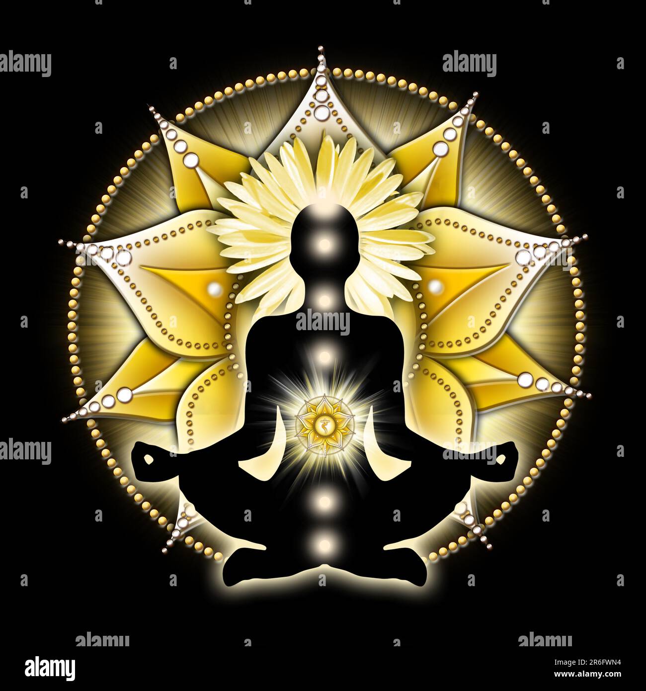 Solarplexus-Chakra-Meditation in Yoga-Lotus-Pose, vor dem Manipura-Chakra-Symbol. Friedliche Einrichtung für Meditation und Chakra-Energie-Heilung. Stockfoto