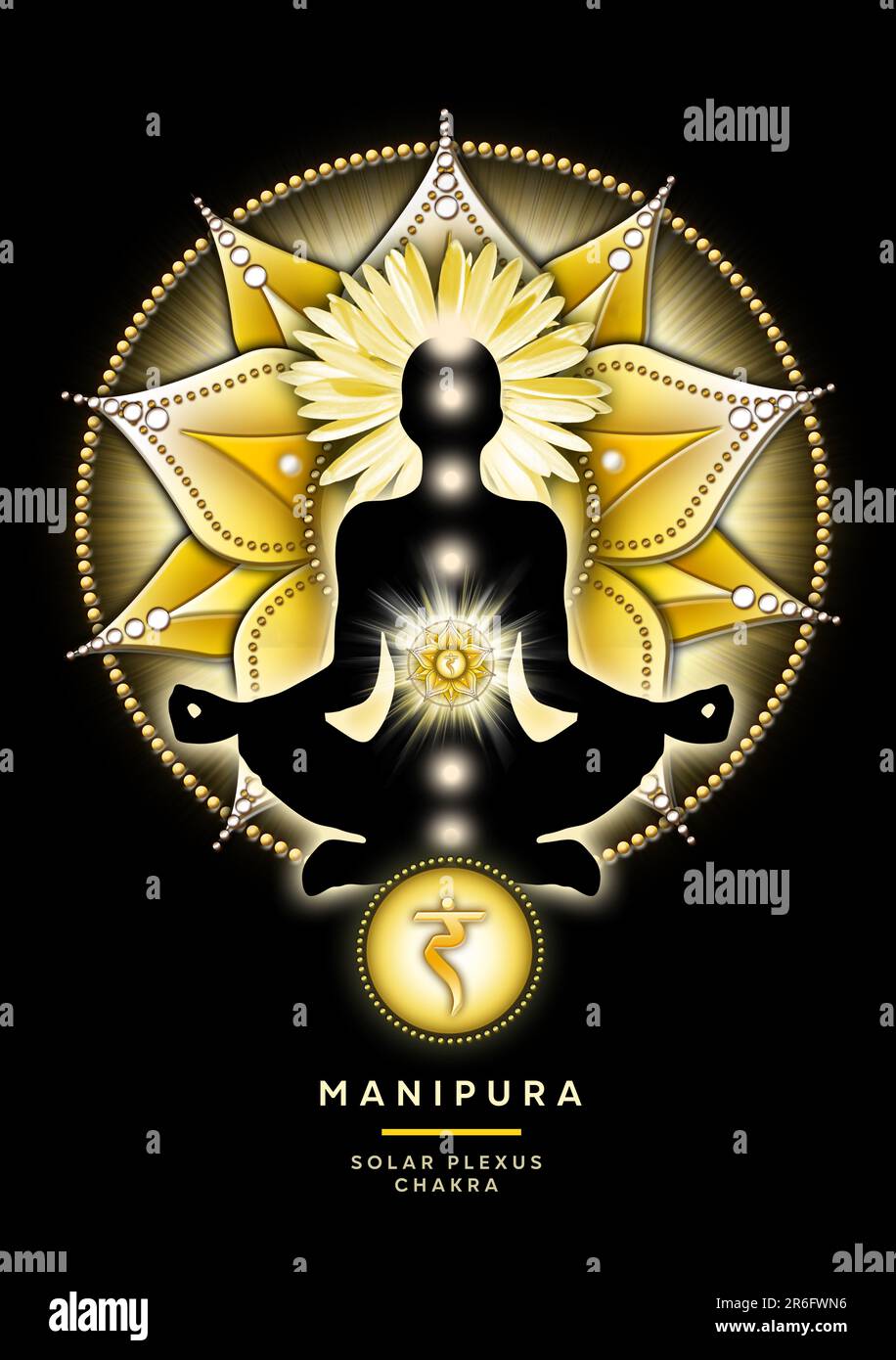 Solarplexus-Chakra-Meditation in Yoga-Lotus-Pose, vor dem Manipura-Chakra-Symbol. Friedliche Einrichtung für Meditation und Chakra-Energie-Heilung. Stockfoto