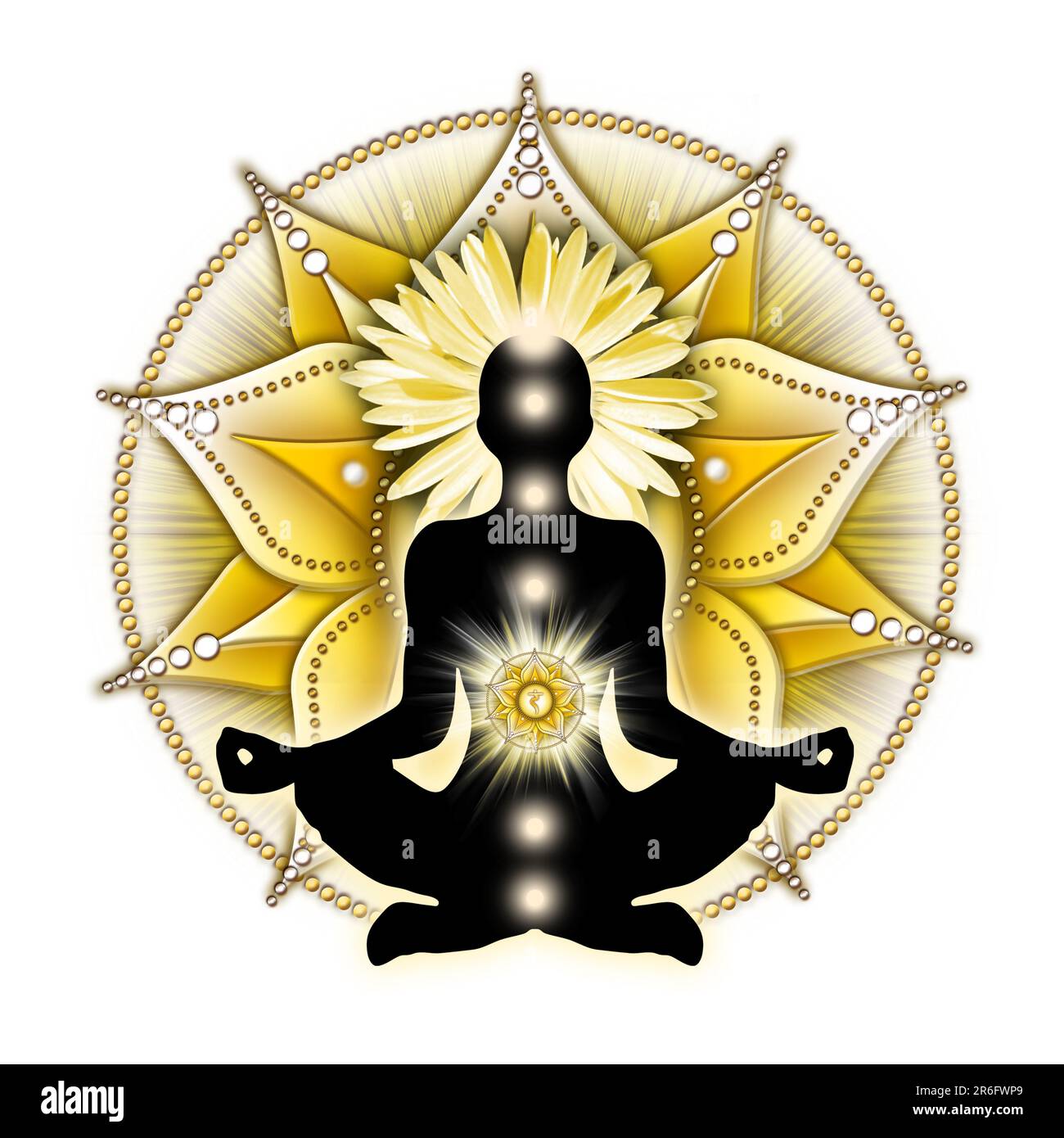 Solarplexus-Chakra-Meditation in Yoga-Lotus-Pose, vor dem Manipura-Chakra-Symbol. Friedliche Einrichtung für Meditation und Chakra-Energie-Heilung. Stockfoto