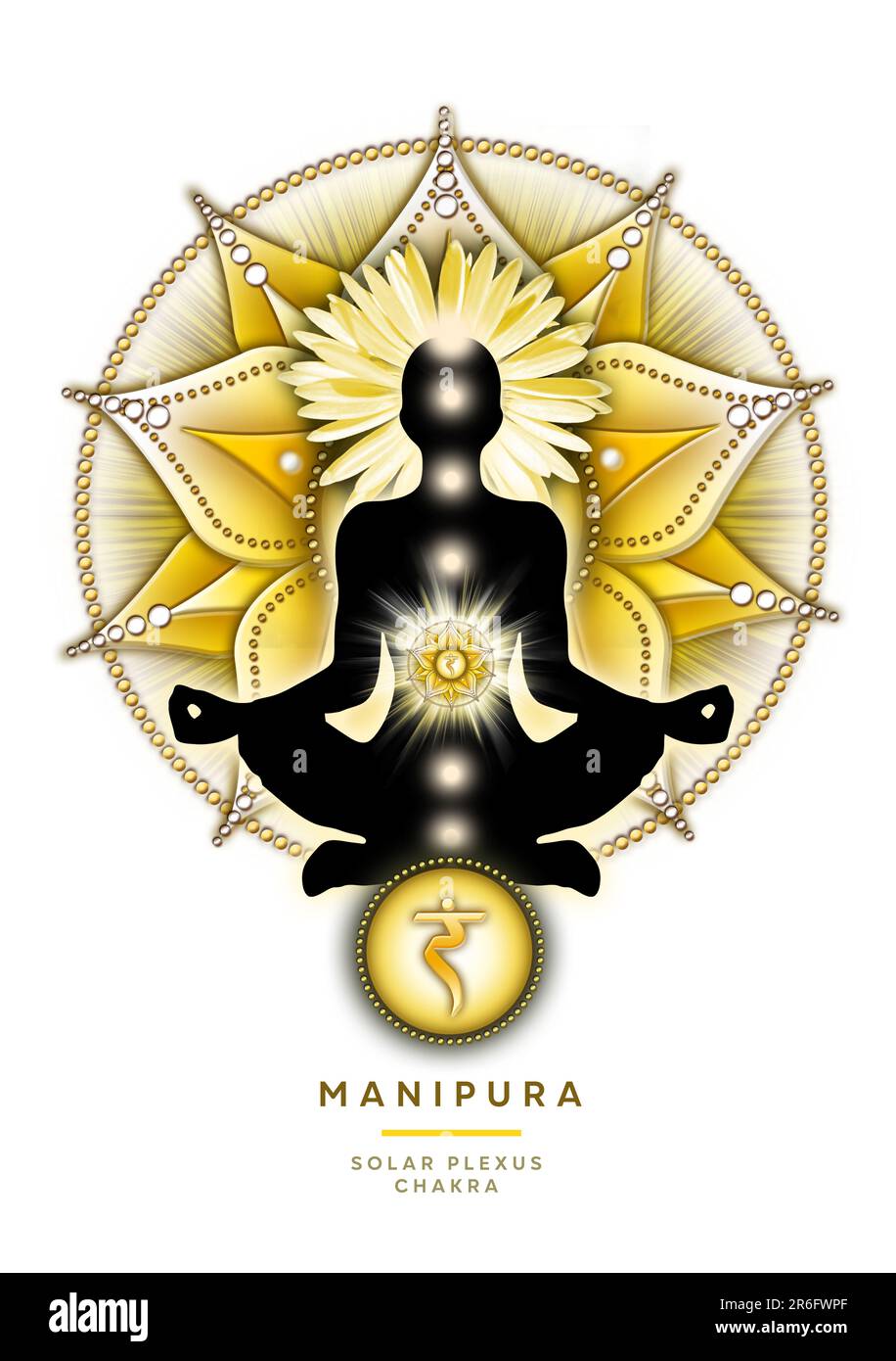 Solarplexus-Chakra-Meditation in Yoga-Lotus-Pose, vor dem Manipura-Chakra-Symbol. Friedliche Einrichtung für Meditation und Chakra-Energie-Heilung. Stockfoto