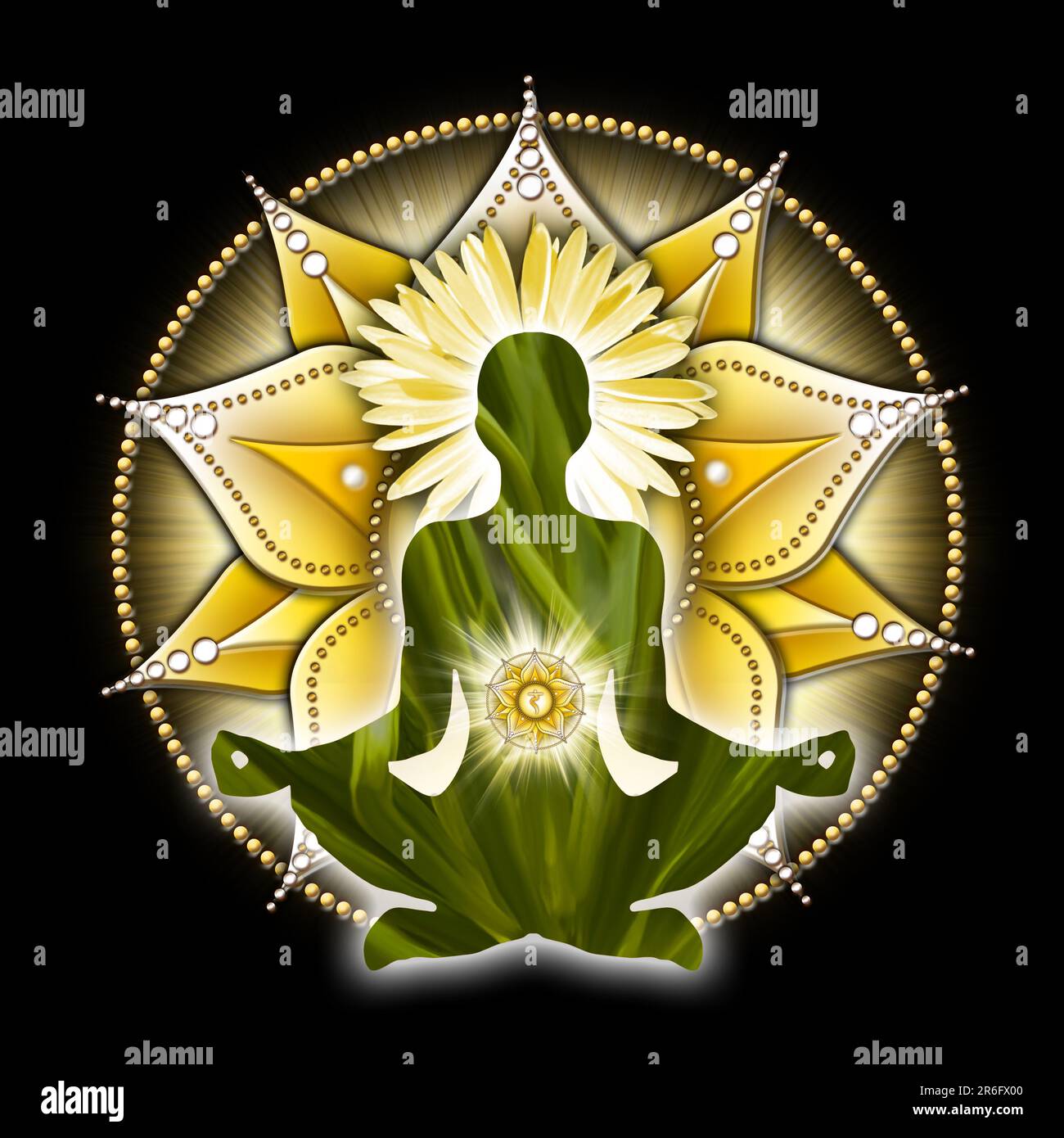 Solarplexus-Chakra-Meditation in Yoga-Lotus-Pose, vor dem Manipura-Chakra-Symbol. Friedliche Einrichtung für Meditation und Chakra-Energie-Heilung. Stockfoto