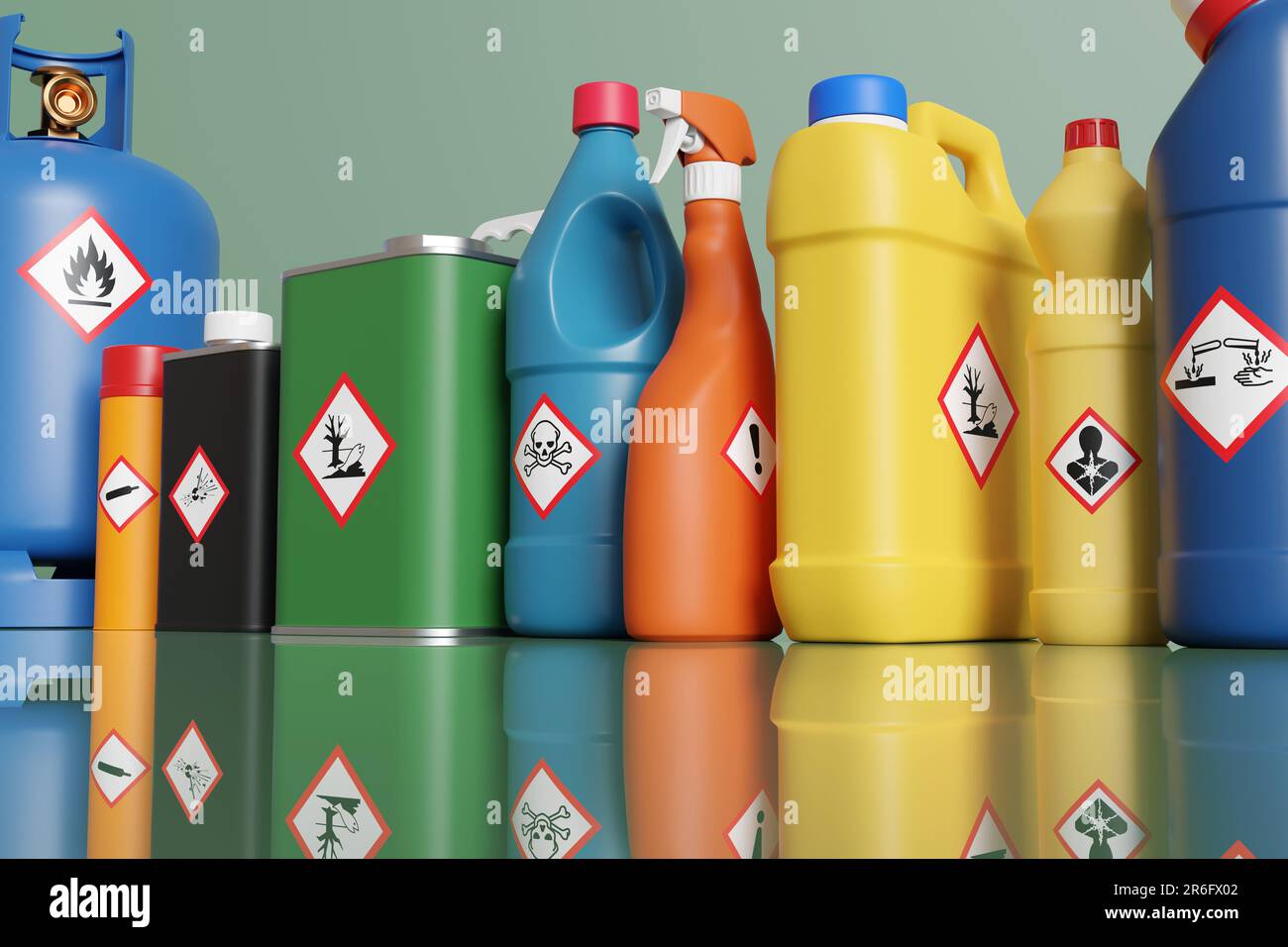 Kunststoffflaschen und Metalldosen mit unterschiedlichen Gefahrenwarnetiketten. Illustration des Begriffs "Warnung bei chemischer Klassifizierung" Stockfoto