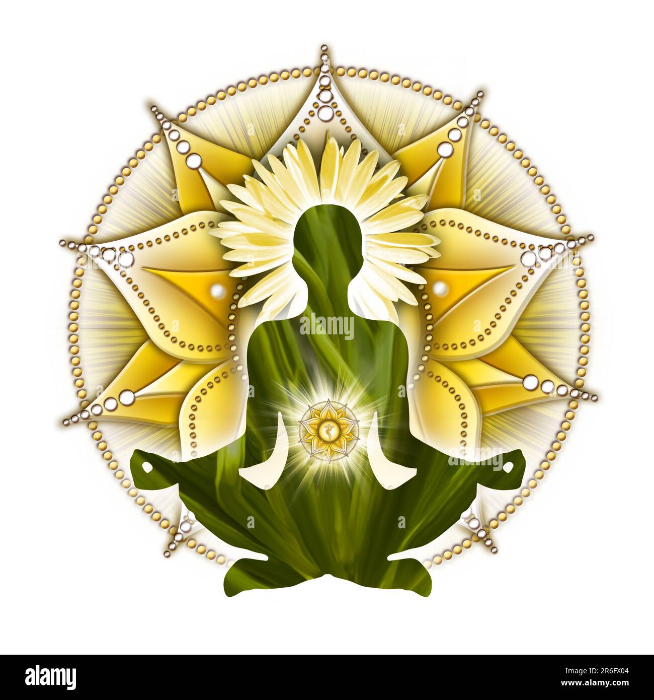 Solarplexus-Chakra-Meditation in Yoga-Lotus-Pose, vor dem Manipura-Chakra-Symbol. Friedliche Einrichtung für Meditation und Chakra-Energie-Heilung. Stockfoto