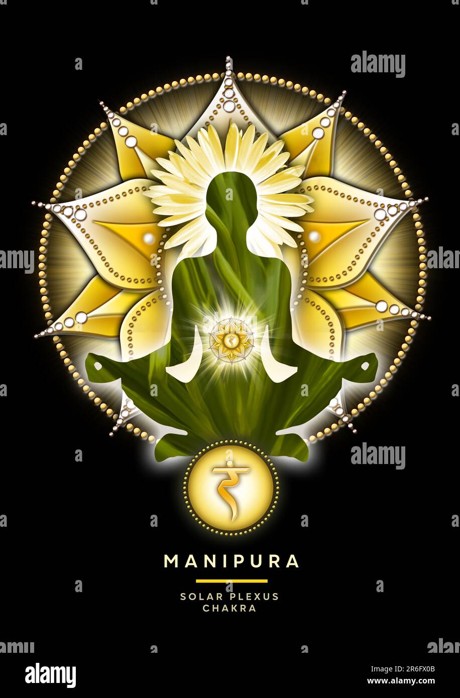 Solarplexus-Chakra-Meditation in Yoga-Lotus-Pose, vor dem Manipura-Chakra-Symbol. Friedliche Einrichtung für Meditation und Chakra-Energie-Heilung. Stockfoto