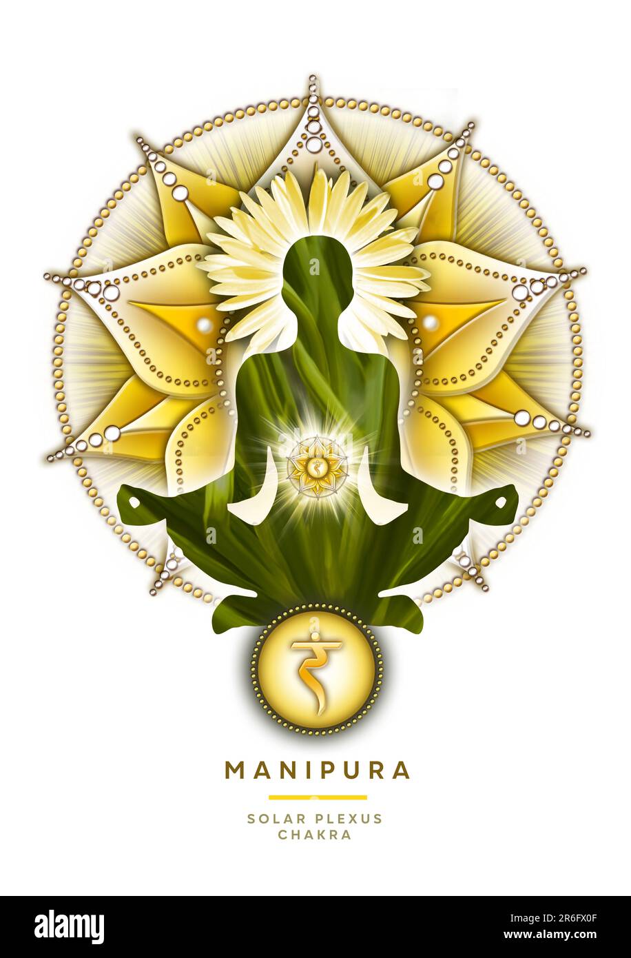Solarplexus-Chakra-Meditation in Yoga-Lotus-Pose, vor dem Manipura-Chakra-Symbol. Friedliche Einrichtung für Meditation und Chakra-Energie-Heilung. Stockfoto