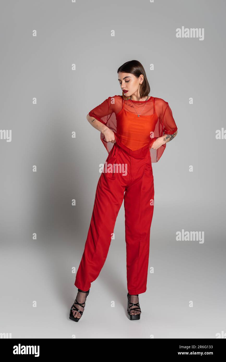 Rotes Outfit, tätowierte und brünette Frau mit kurzen Haaren und Nasenlöchern in transparenter Bluse und Hose auf grauem Hintergrund, moderner Stil, gen Stockfoto