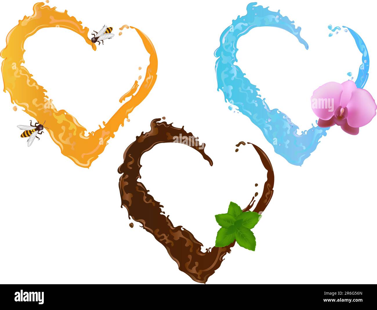 Drei flüssige Herzen. Schokolade mit Minzeblättern, Honig mit zwei Bienen und Wasser mit Blumenorchidee) Stock Vektor