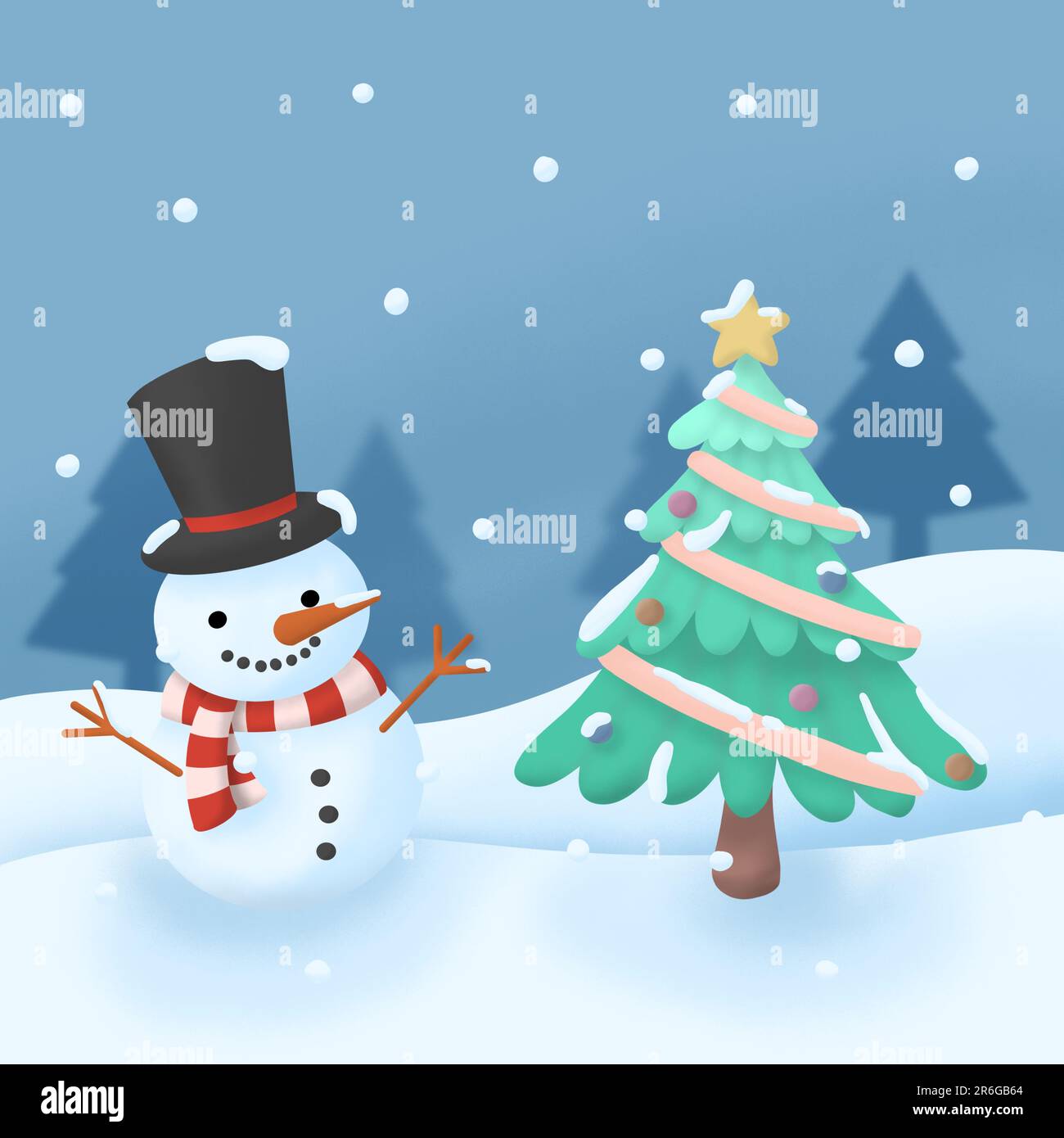 Handgezeichnete Zeichentrickfigur mit Schneemann und Weihnachtsbaum für Grußkarte und Design Stockfoto