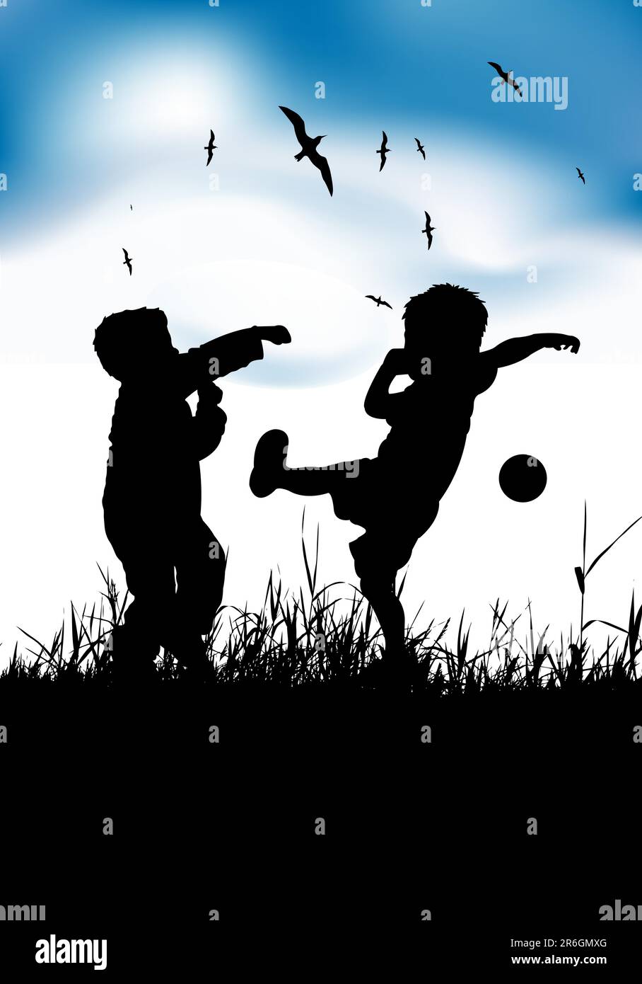Kleine Jungs spielen mit Ball auf Sommerwiese Stock Vektor