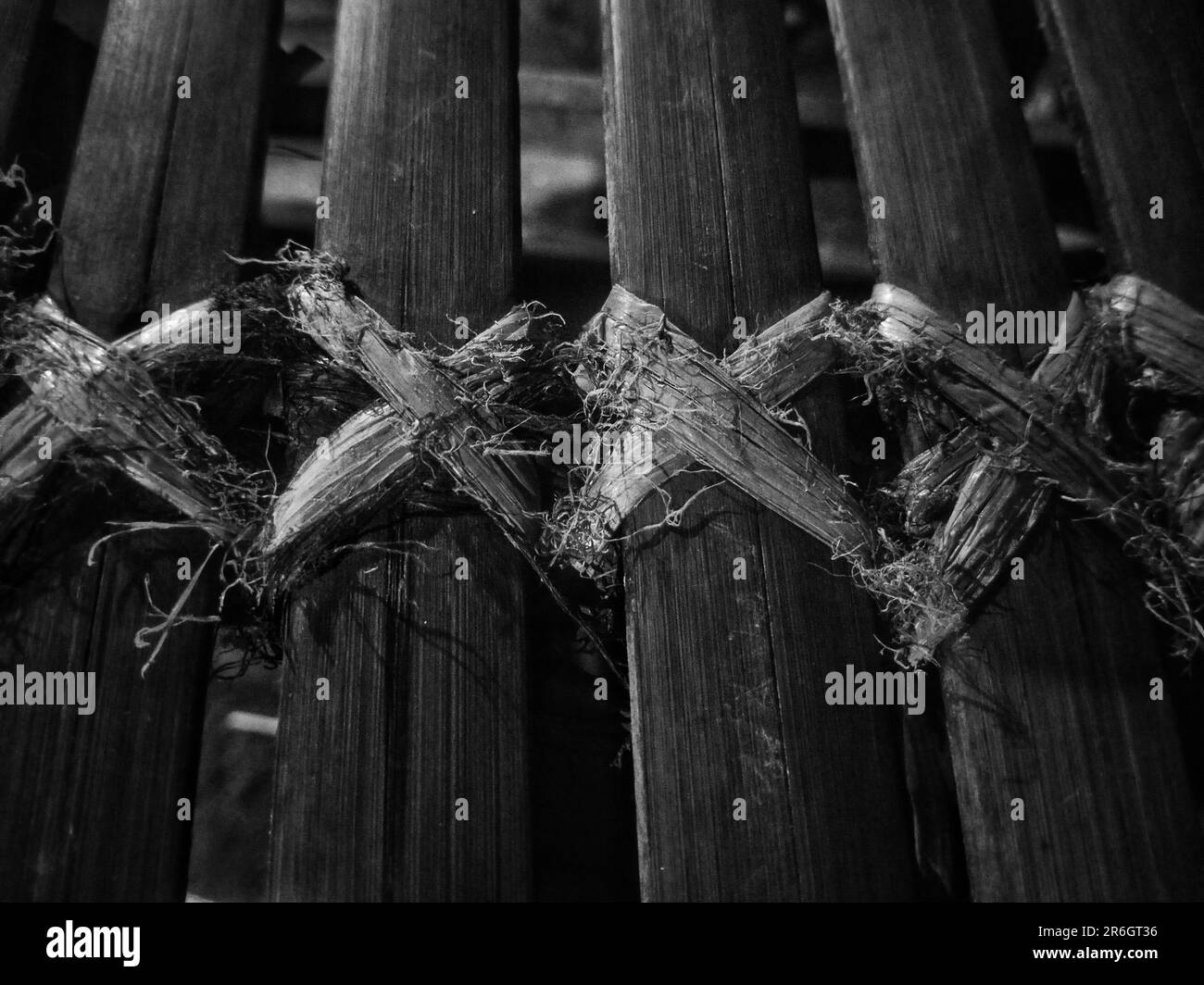 Eine Grauskala eines verdorbenen Holzzauns: Ein Stuhl aus Bambus, der mit Raffia verbunden ist Stockfoto