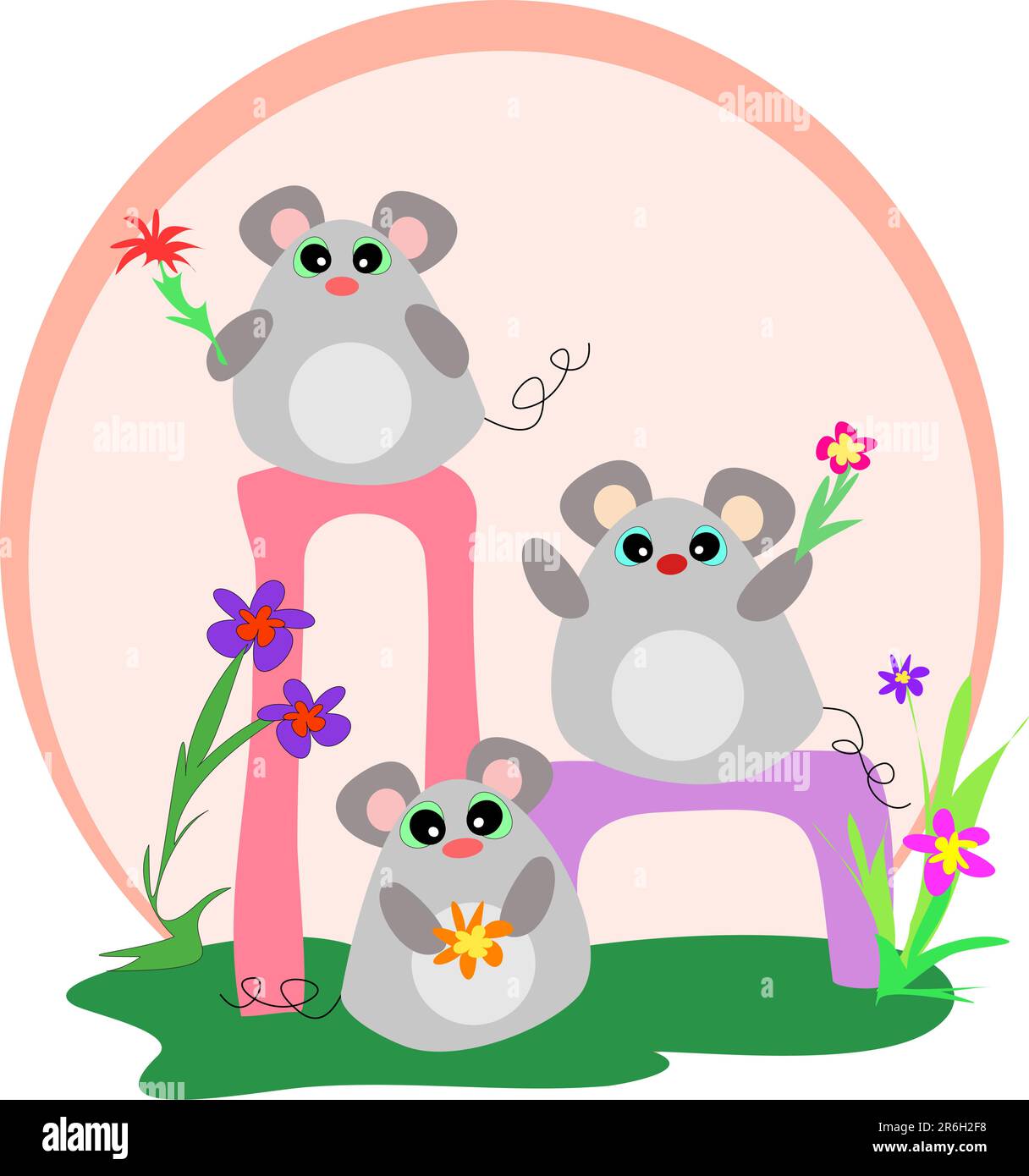 Diese drei Mäuse lieben es, mit ihren bunten Blumen zu kommunizieren. Stock Vektor