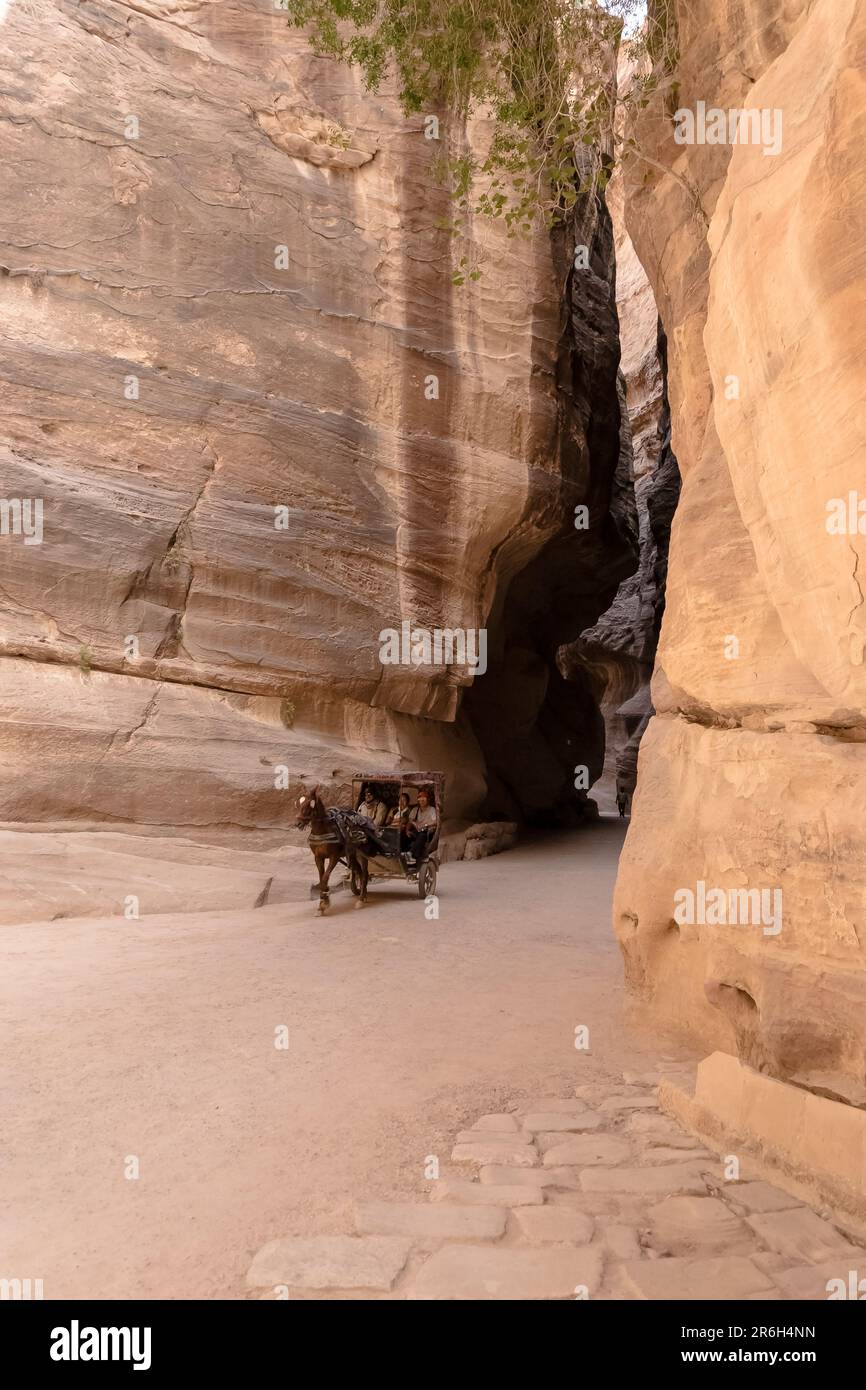 Blick auf den Siq, den Haupteingang zur antiken nabateanischen Stadt Petra im Süden Jordaniens. Stockfoto