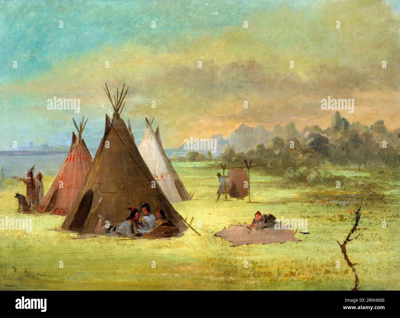 Indisches Encampment, Comanche (oder Kiowa) Dressing Skins, Red River ...