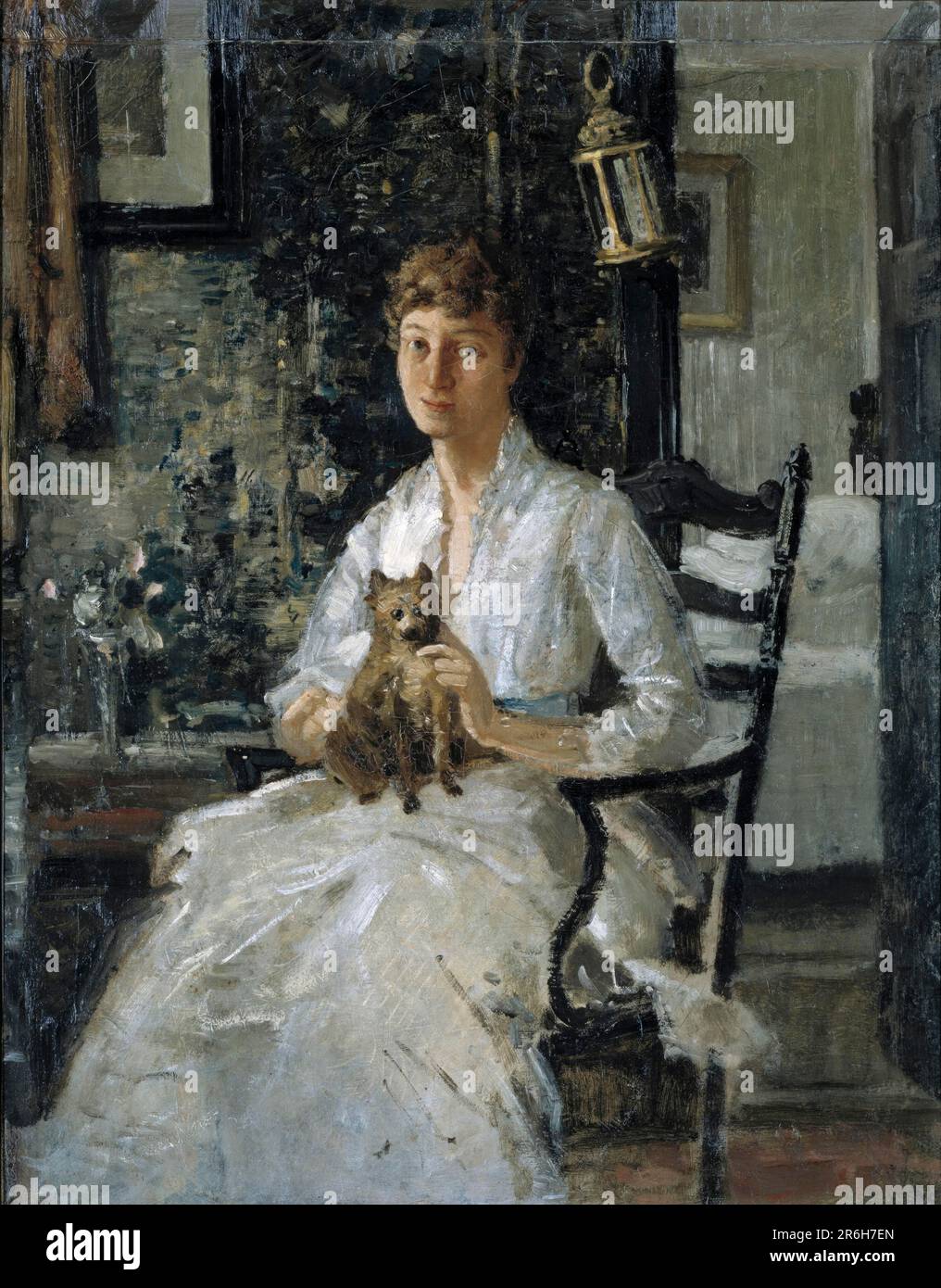 Porträt einer Dame mit einem Hund (Anna Baker Weir). Öl auf Segeltuch. Datum: Ca. 1890. Museum: Smithsonian American Art Museum. Stockfoto