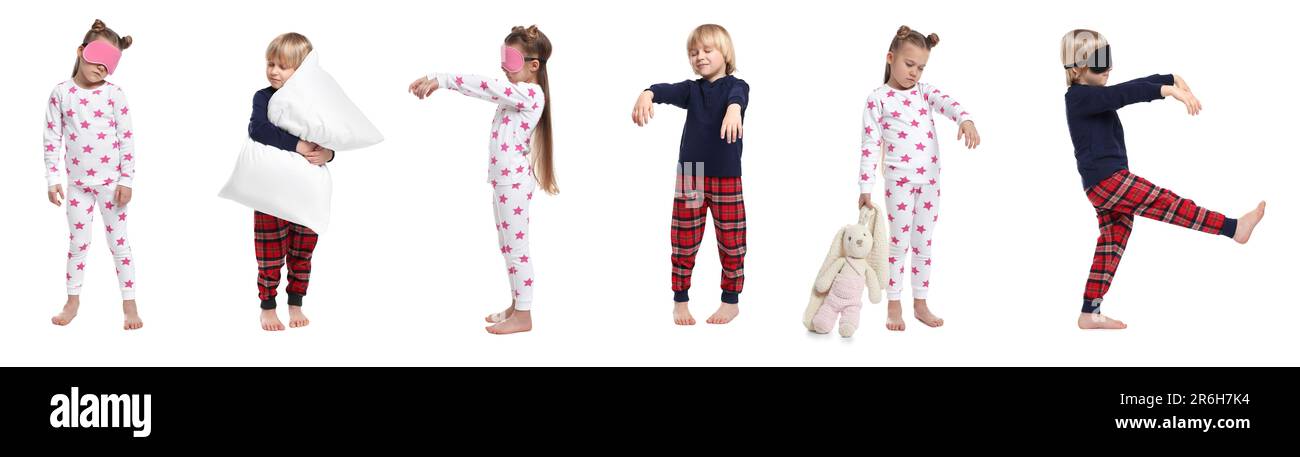Collage mit Fotos von schlafwandelnden Kindern auf weißem Hintergrund Stockfoto