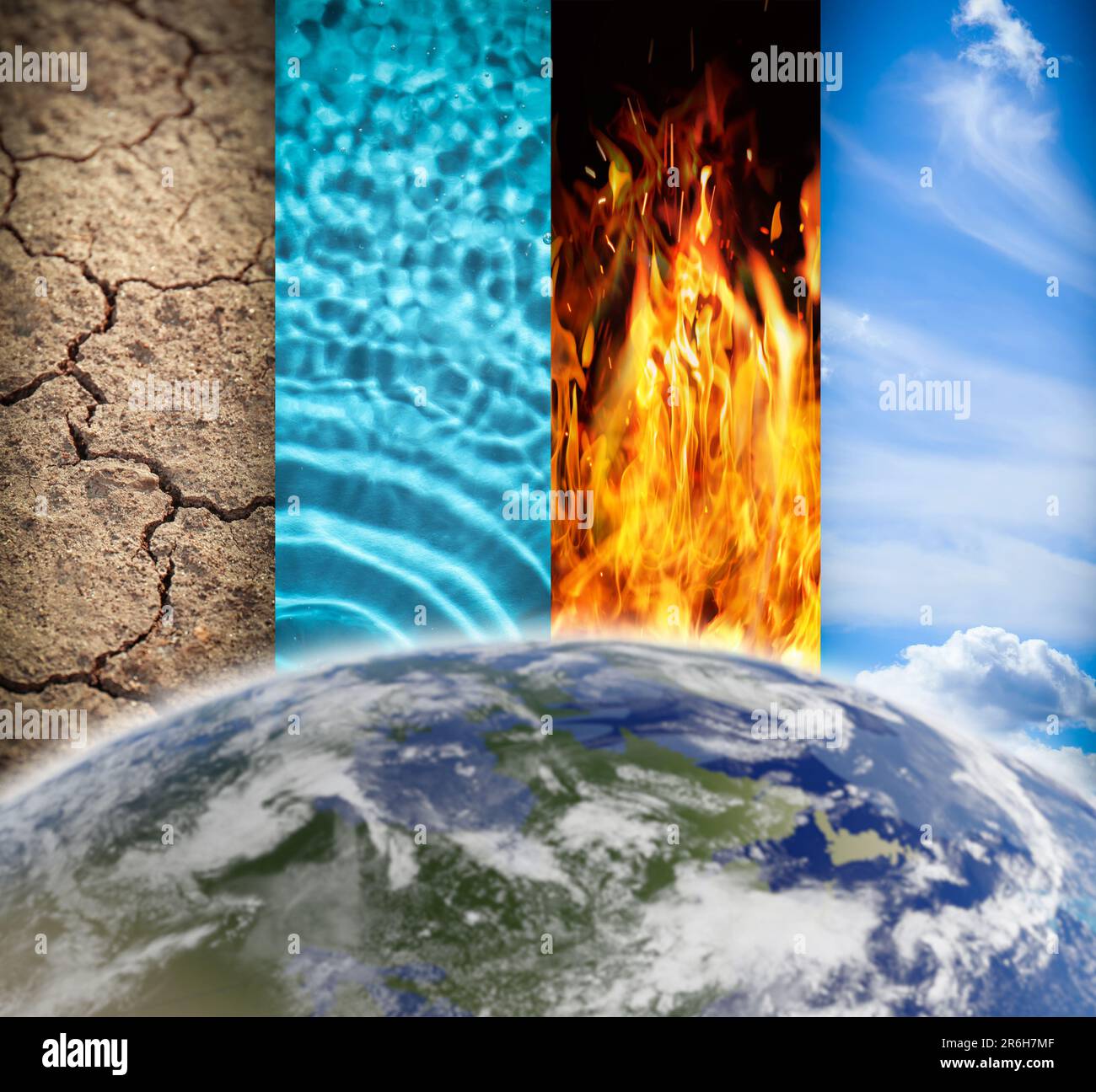 Set mit vier Elementen in der Nähe des Globus. Erde, Wasser, Feuer und Luft Stockfoto