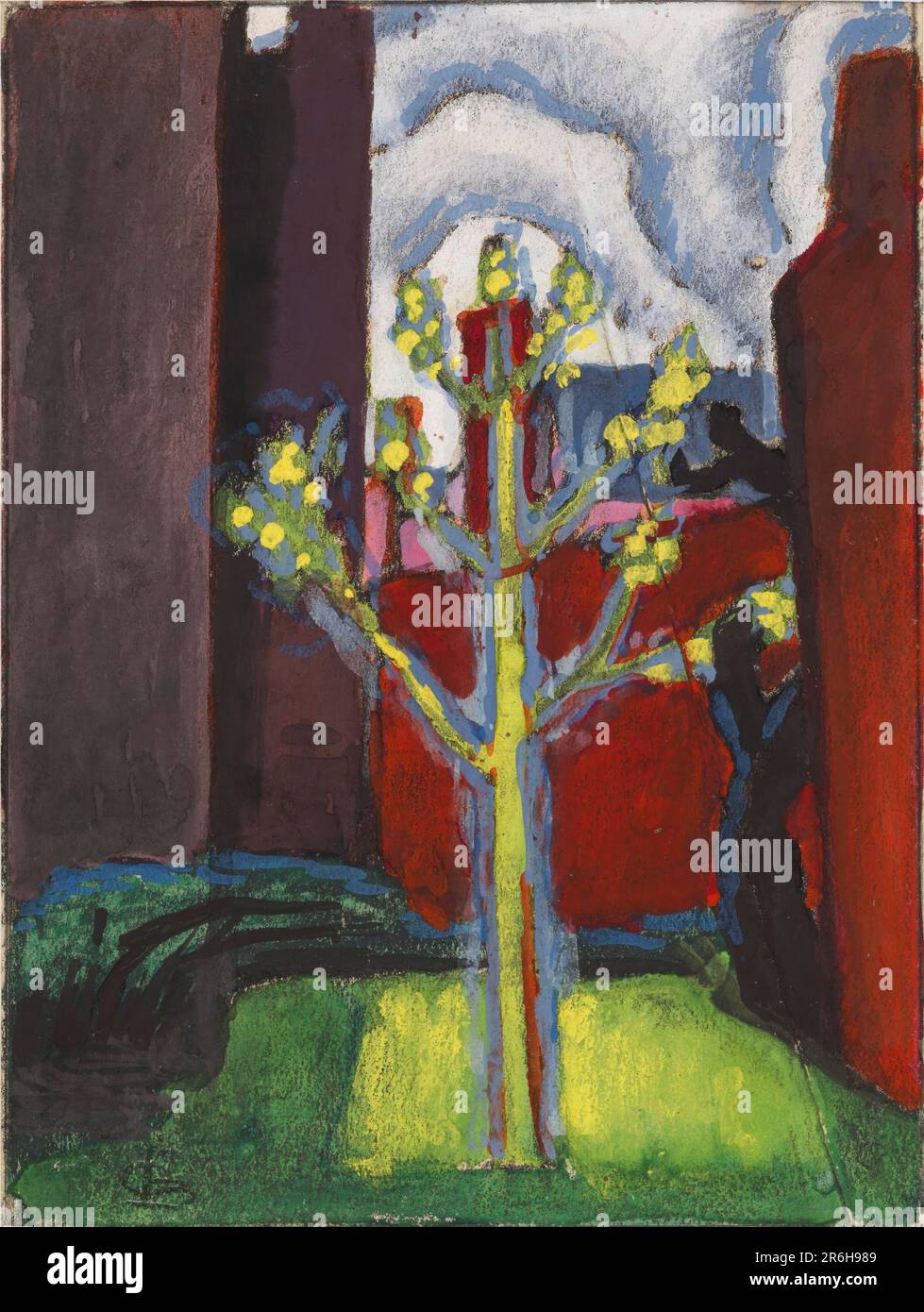 Junger Baum im roten Innenhof. Datum: 1919. Gouache auf dem Papier. Museum: Smithsonian American Art Museum. Stockfoto