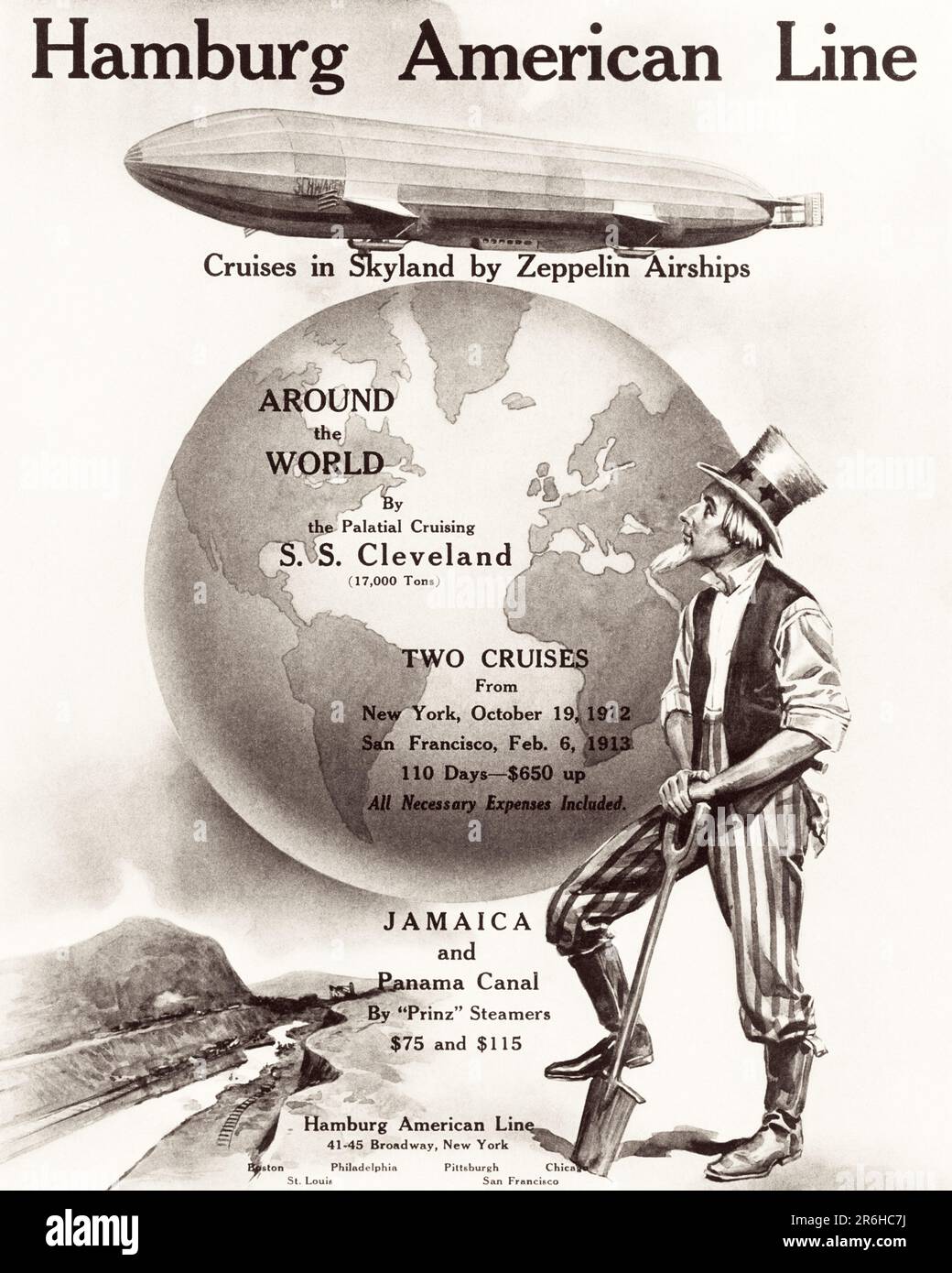 1910S N. CHR. FÜR REISEN RUND UM DIE WELT VON ZEPPELIN-LUFTSCHIFFEN DER HAMBURG-AMERIKANISCHEN LINIE MIT DEM ONKEL SAM, DER DEN PANAMAKANAL GRÄBT - KO4269 NAW001 HARS ZEPPELIN Stockfoto