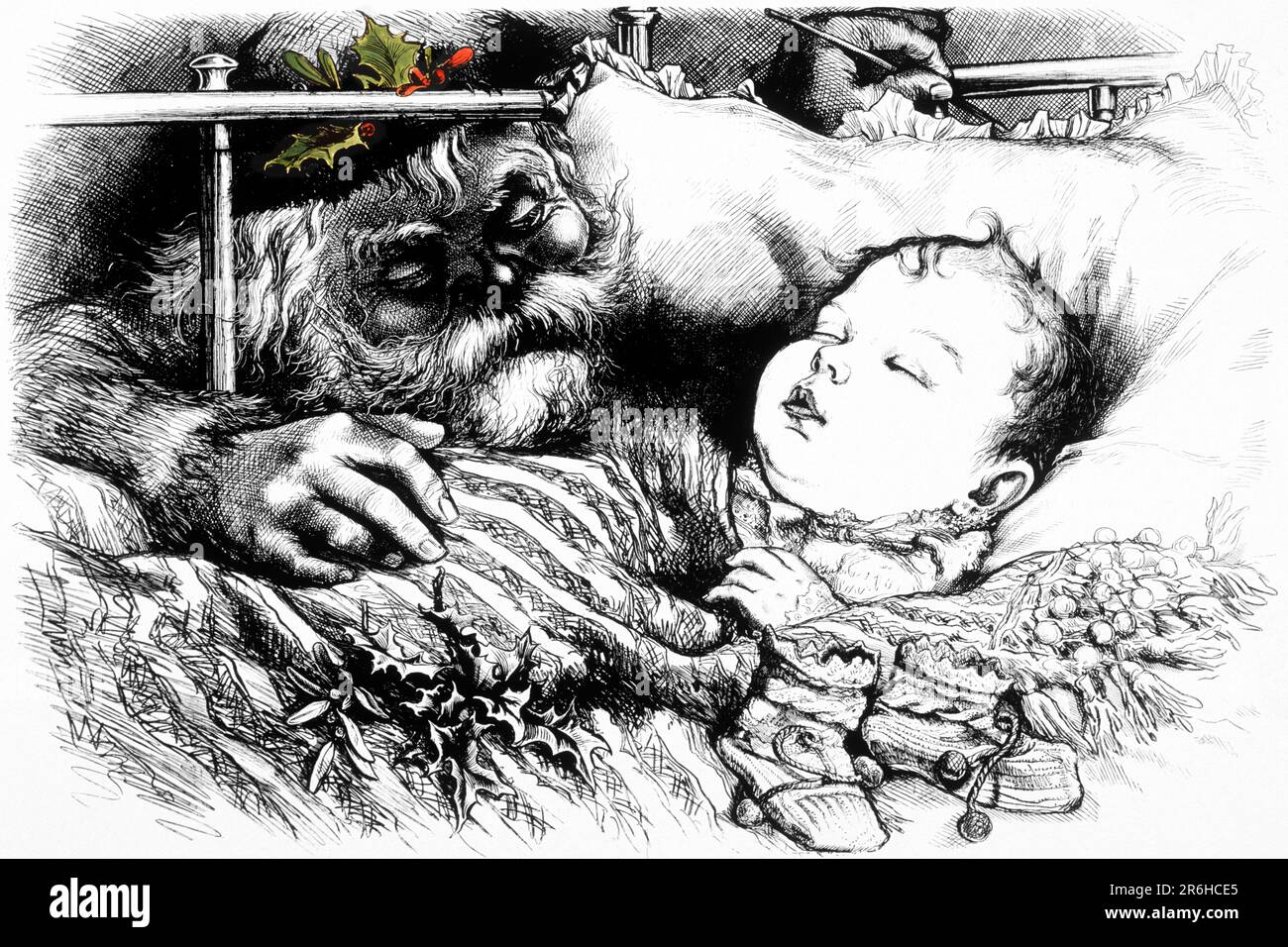 1800S 1881 WEIHNACHTSMANN SCHAUT AUF SCHLAFENDES BABY GRÜN HOLLY IN SEINER CAP-ILLUSTRATION THOMAS NAST ZEICHNET EINEN WEITEREN STRUMPF ZU FÜLLEN - KX13217 NAW001 HARS HOME LIFE COPY SPACE PERSONS CARMING MALE SAINT 1800S KOPF UND SCHULTERN SEINE FRÖHLICHE TRÄUMENDE AUFREGUNG SANTA CLAUS HOLLY DEZEMBER FÜLLEN DEZEMBER 25 KRIS KRINGLE ST. NICK BABY JUNGE ALTER MANN EIN VATER WEIHNACHTEN WACHSTUM JOLLY JOYOUS JUVENILES NICHOLAS 1881 KAUKASISCHE ETHNISCHE ZUGEHÖRIGKEIT NASTMODISCH Stockfoto