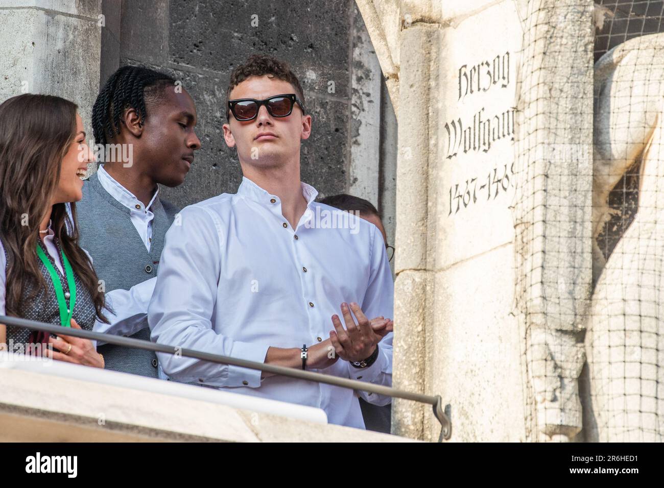 München, Deutschland. 28. Mai 2023. Mathys Tel, Benjamin Pavard bei der Meisterfeier des FC Bayern Herren und FC Bayern Damen am 28.5.2023 in München. Mathys Tel, Benjamin Pavard, bei der Bundesliga Championship Celebration am 28. Mai 2023 in München. (Foto: Alexander Pohl/Sipa USA) Guthaben: SIPA USA/Alamy Live News Stockfoto