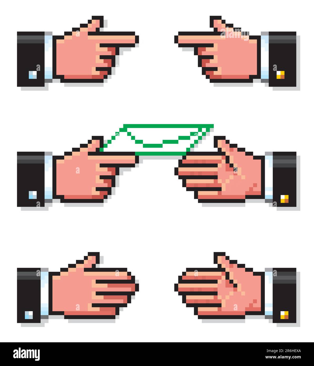 Eine Reihe von Pixelhandsymbolen, die drei Schritte einer Verhandlung vorschlagen: Diskussion, Vorschlag und Vereinbarung. Stock Vektor
