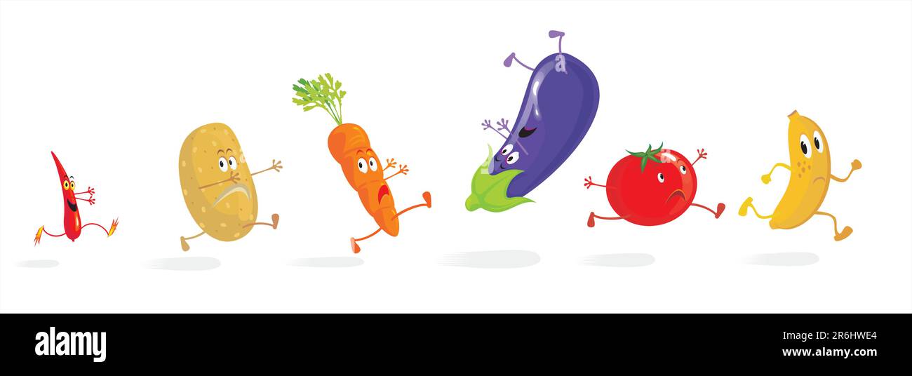 Cartoons mit Gemüse, die vor einem Chili-Pfeffer weglaufen. Kein Gradientenvektor. Einfache Erstellung neuer Szenen durch Verschieben einiger Elemente. Stock Vektor