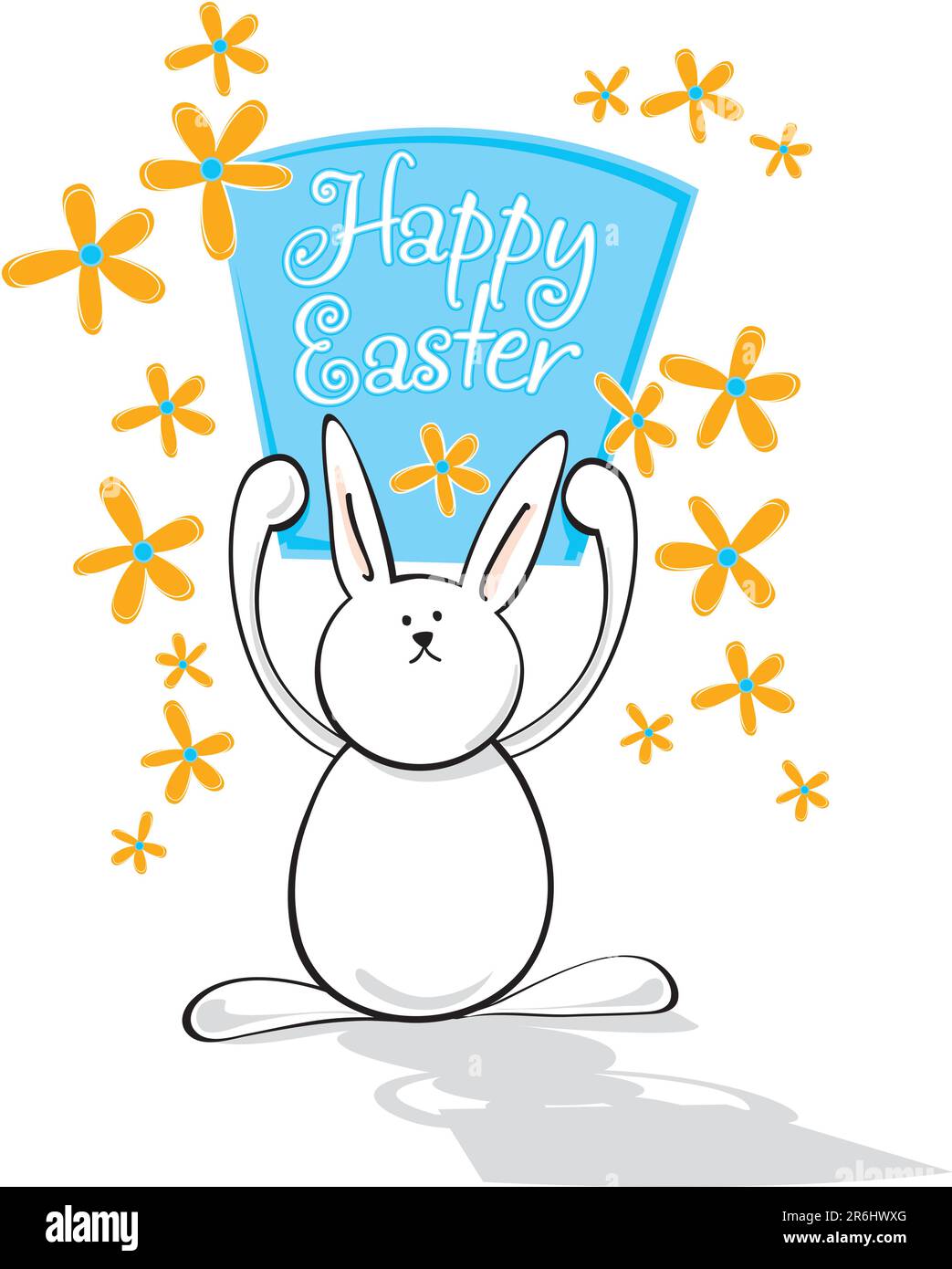 Bunny hält ein Schild mit einer frohen Osternachricht. Oder verwenden Sie Ihren eigenen Text im Zeichenbereich – Weitere Ostervektoren in Portfolio Stock Vektor