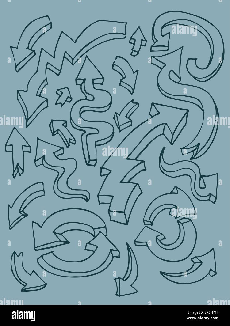 Eine Hand gezeichnete Skizze der verschiedenen 3d Pfeile. Stock Vektor