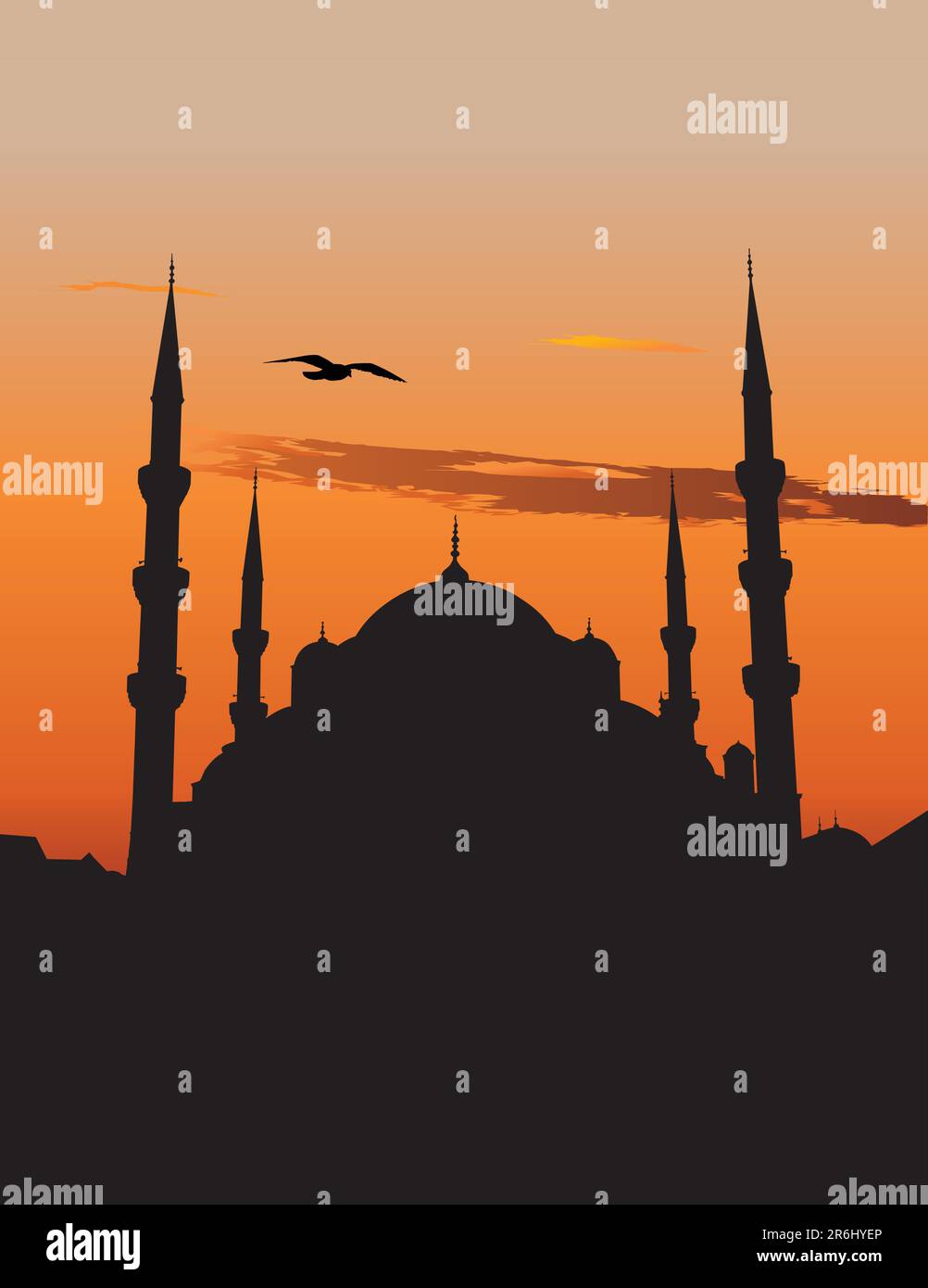 Vektorsilhouette der Sultan-Ahmed-Moschee oder Blaue Moschee in Istanbul vor dem Sonnenuntergang Stock Vektor