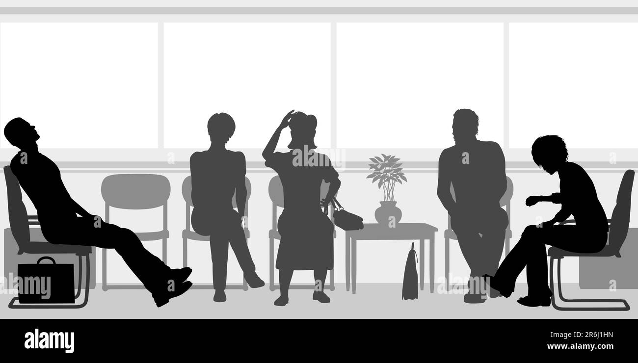 Editierbare Vector Silhouetten von Menschen sitzen in einem Wartezimmer Stock Vektor