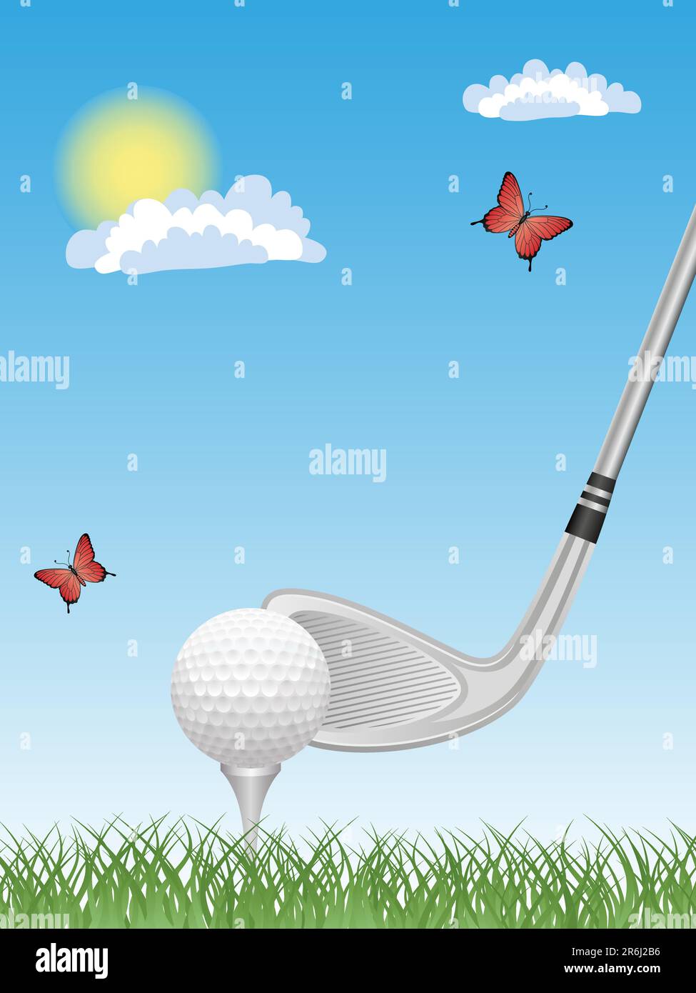 Sportlicher Hintergrund mit einem Putter und einem Golfball. Stock Vektor