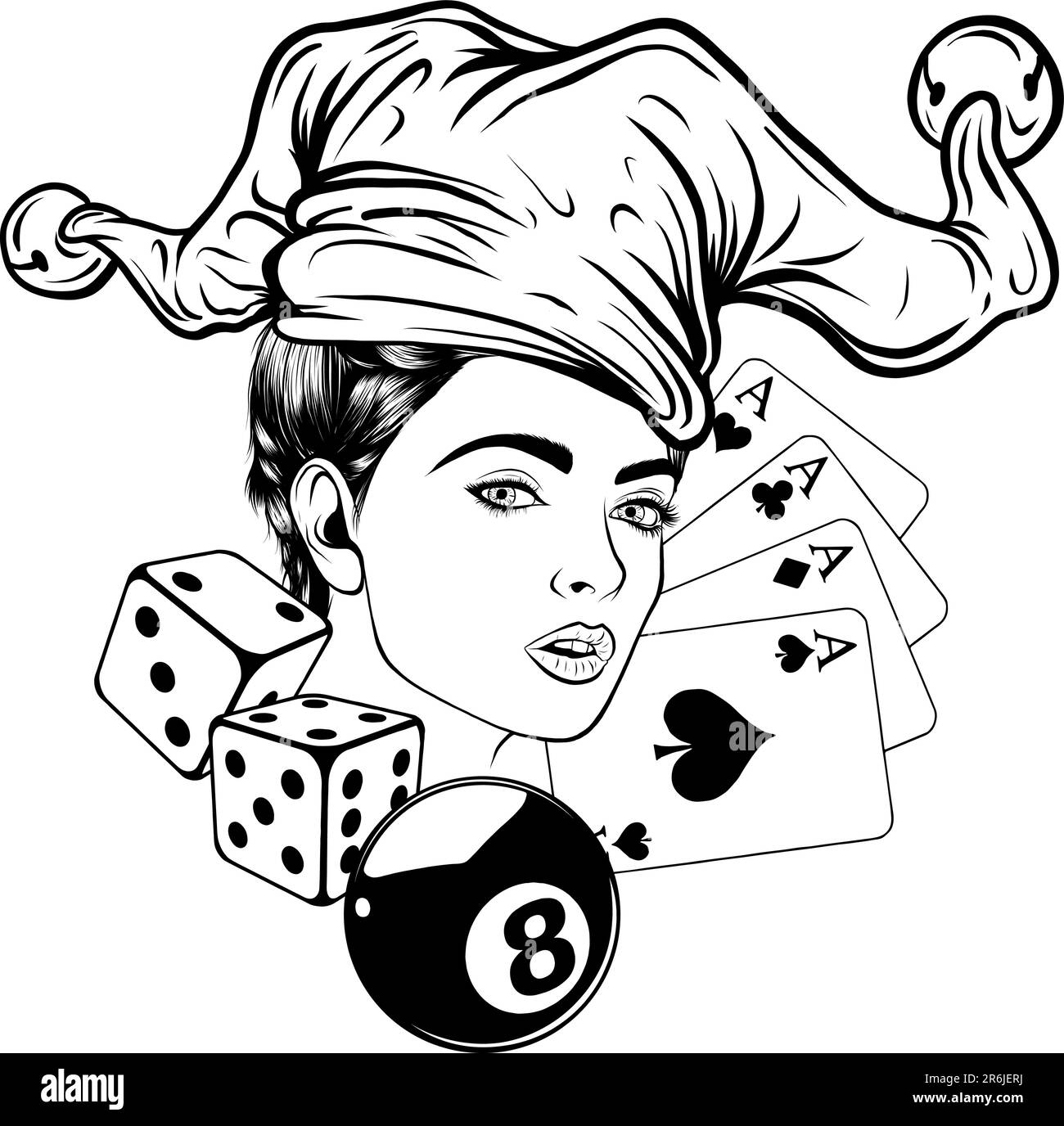 Schwarzweiß-Frau-Joker mit Karte, acht Ball und Würfel. vektordarstellung auf weißem Hintergrund Stock Vektor