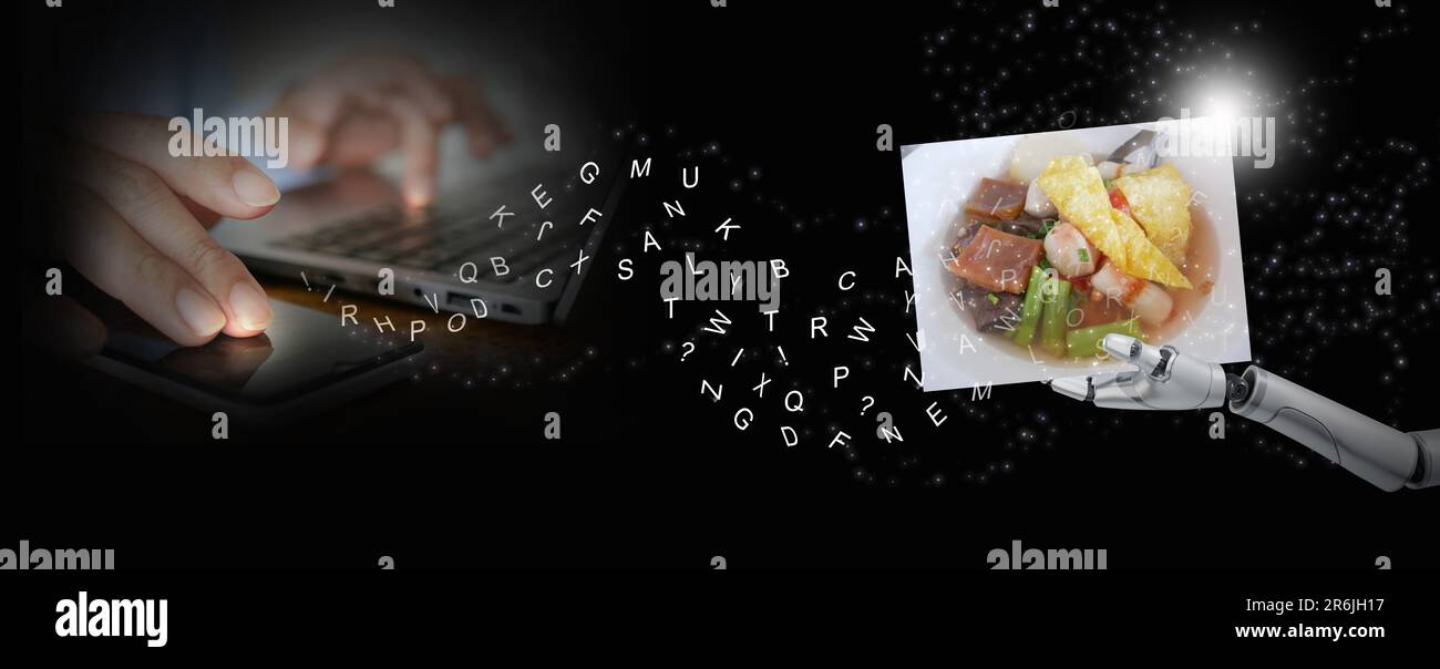 Text-zu-Bild-Konzept, Text-zu-Bild durch generativen KI-Chat-bot. Sprachmodelltechnologie künstliche Intelligenz. Hand benutzt ein Notebook, um sich zu drehen Stockfoto