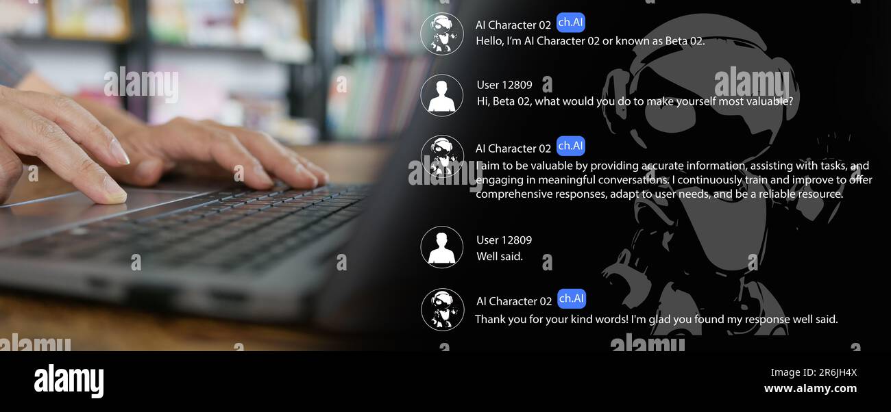 KI für Figuren verwendet Ein Mann eine erweiterte Chat-bot-Anwendung auf seinem Notebook mit neuronalen Sprachmodellen, um während der Aktivität menschenähnliche Textantworten zu generieren Stockfoto