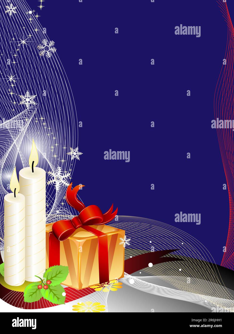 Weihnachtlicher Hintergrund mit Kerzen und ein Geschenkpaket mit weihnachtsdekoration Stock Vektor