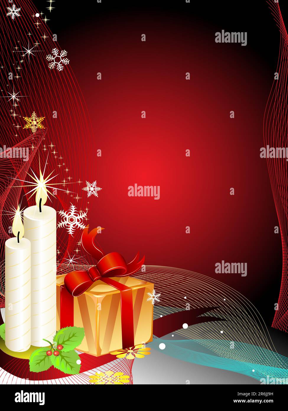Weihnachtlicher Hintergrund mit Kerzen und ein Geschenkpaket mit weihnachtsdekoration Stock Vektor
