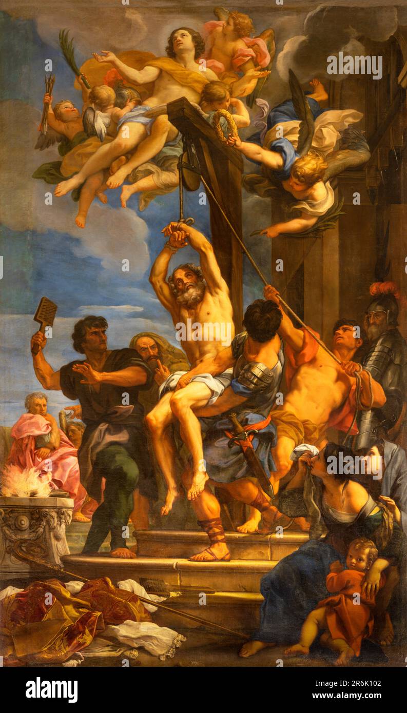 GENUA, ITALIEN - 7. MÄRZ 2023: Das Gemälde des Märtyrertums von St. Biagio in der Kirche Basilica di Santa Maria Assunta di Carignano von Carlo Maratta Stockfoto