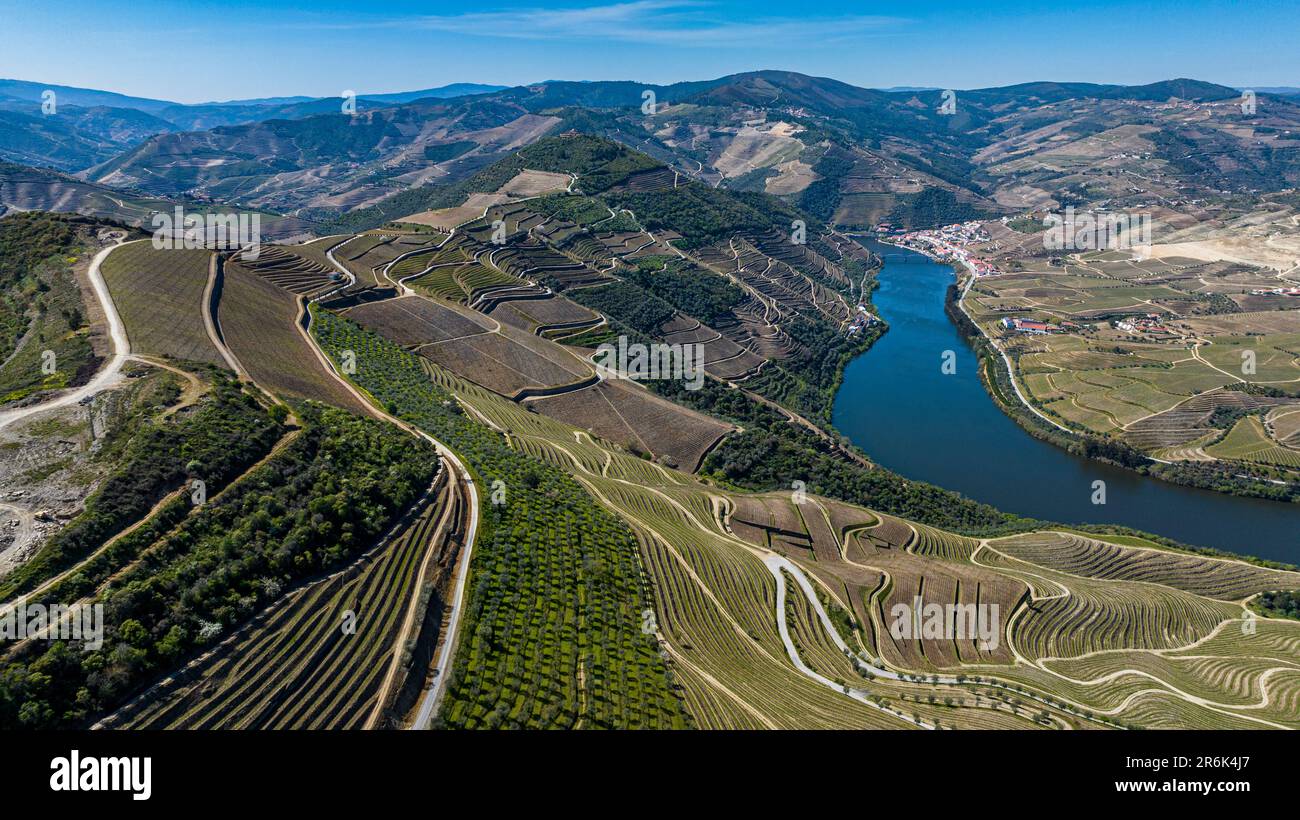 Aerial of the Wine Region of the Douro River, UNESCO-Weltkulturerbe, Portugal, Europa Stockfoto