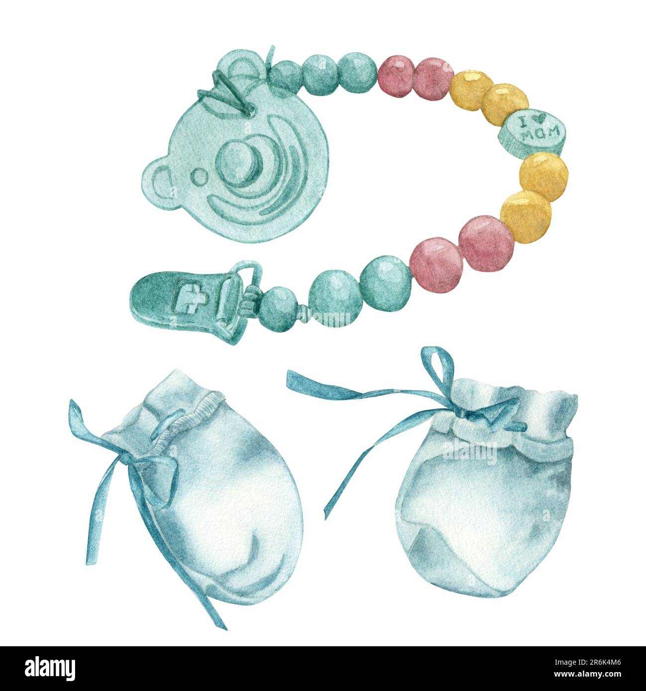 Ein isoliertes Set aus einem Paar blauen Schühchen mit blauem Band und Nippeln mit bunten Perlen zum Beißen. Handgezeichnet in Aquarell Stockfoto