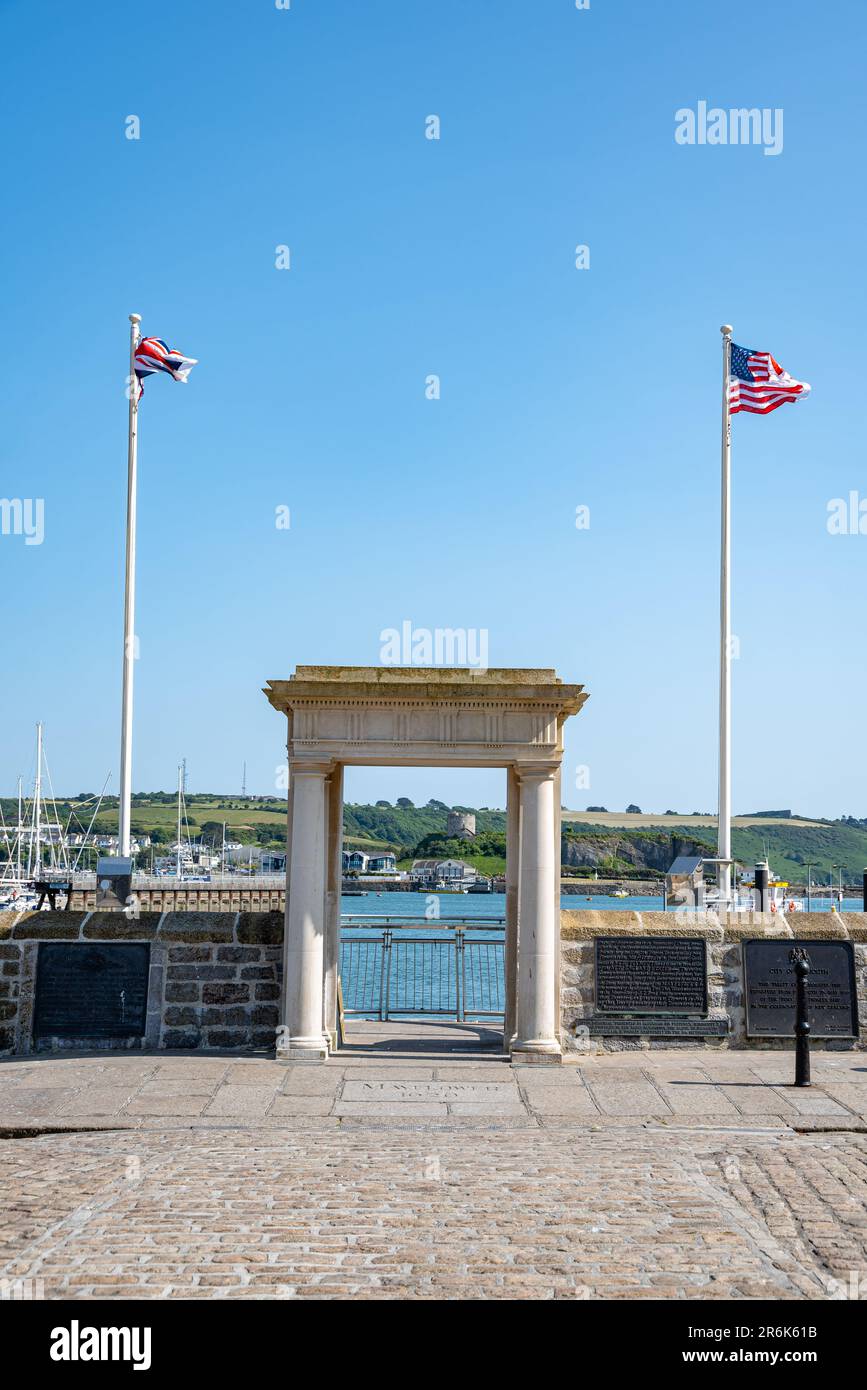 Historische mayflower-Stufen im Barbican in Plymouth, Devon. Stockfoto