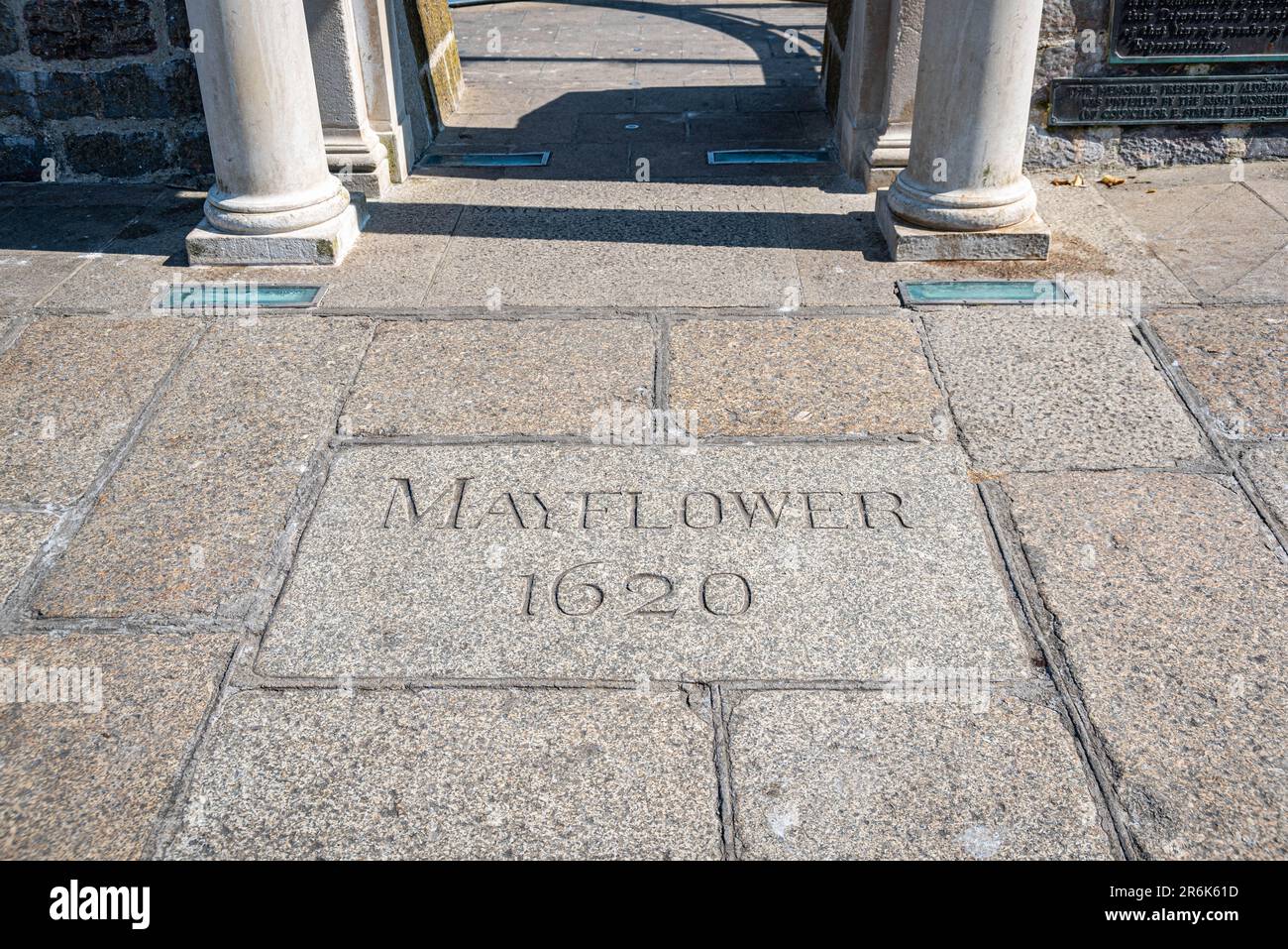 Historische mayflower-Stufen im Barbican in Plymouth, Devon. Stockfoto