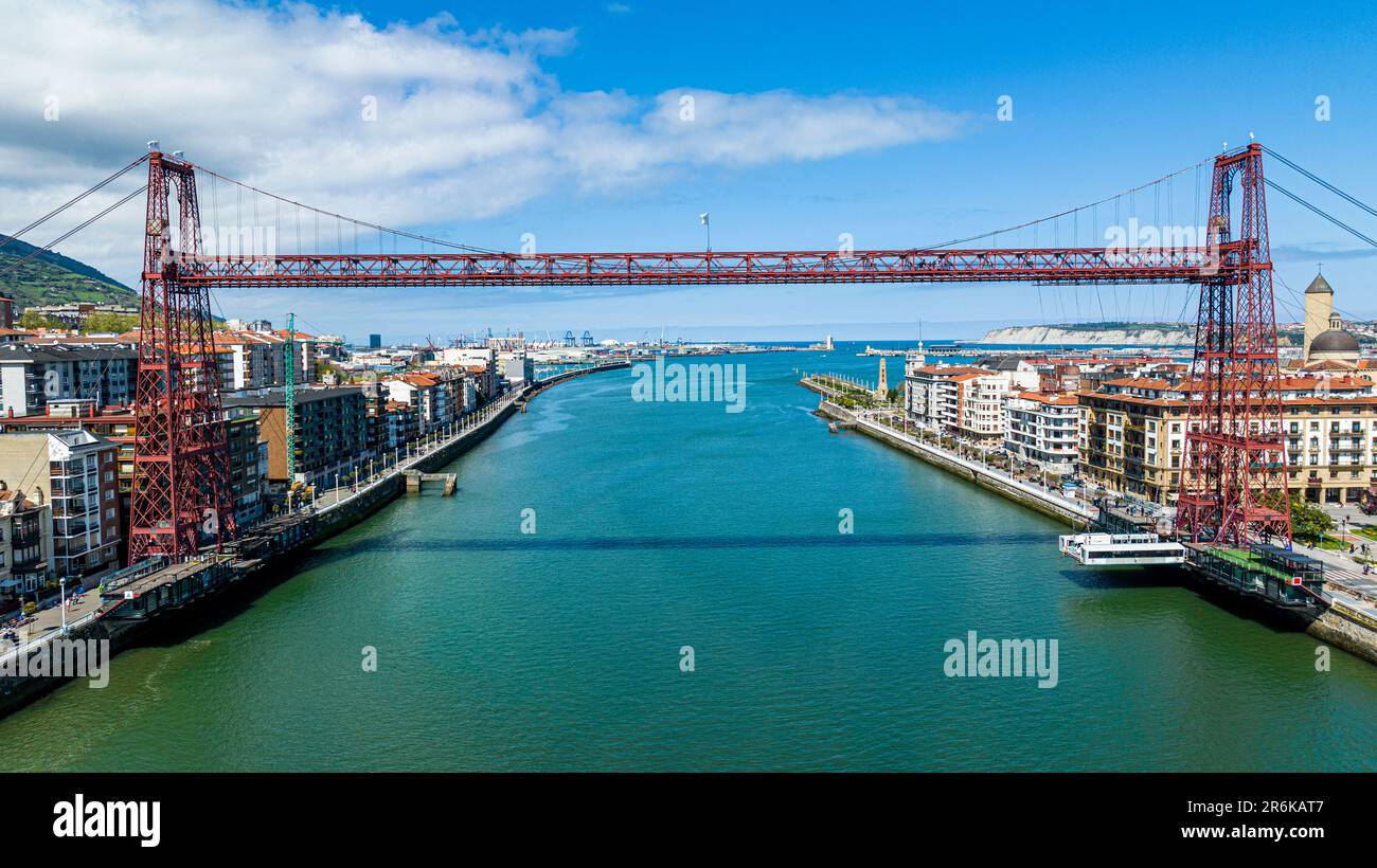Luftaufnahme der Vizcaya-Brücke, UNESCO-Weltkulturerbe, Bilbao, Baskenland, Spanien, Europa Stockfoto