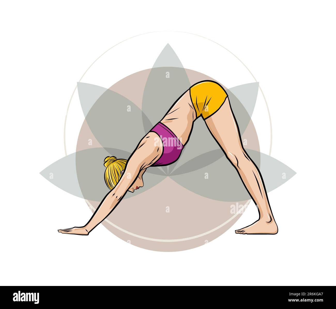 Illustration – Yoga-Haltung – Nach Unten Gerichteter Hund – Adho Mukha Svanasana. Junge blonde Frau, die Yoga auf einem minimalistischen Lotusblütenhintergrund praktiziert. Vektor Stockfoto
