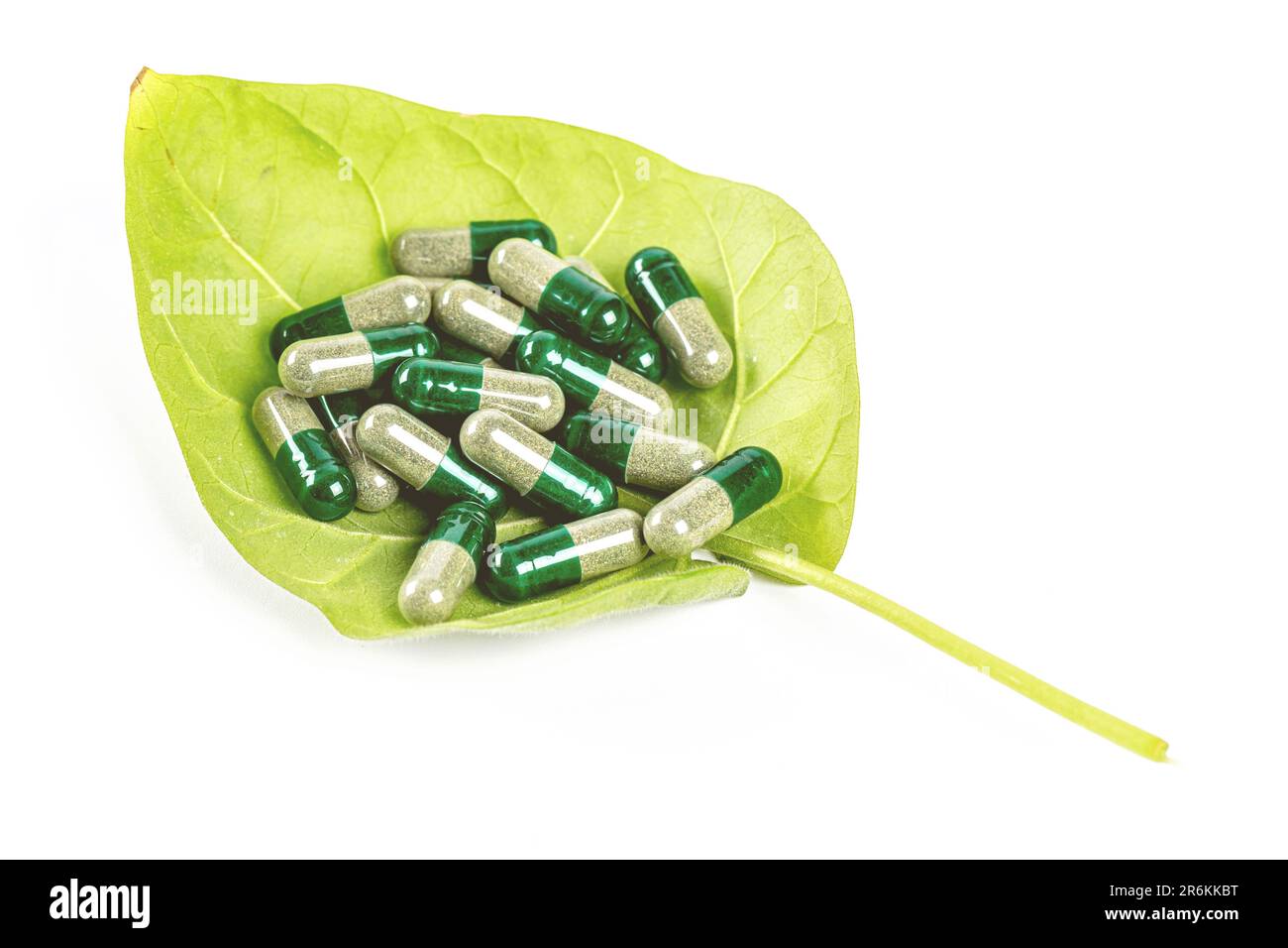 Ein einzelnes grünes Blatt liegt auf einer weißen Oberfläche, auf der drei verschiedene Arten von Arzneimittelkapseln verteilt sind Stockfoto
