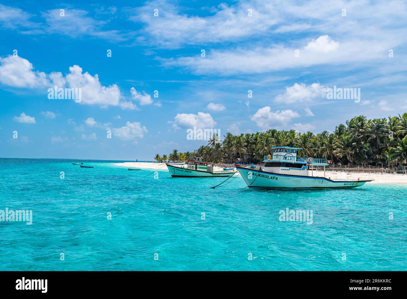 Kleine Boote vor einem palmengesäumten weißen Sandstrand, Agatti Island, Lakshadweep Inselgruppe, Unionsgebiet Indien, Indischer Ozean, Asien Stockfoto