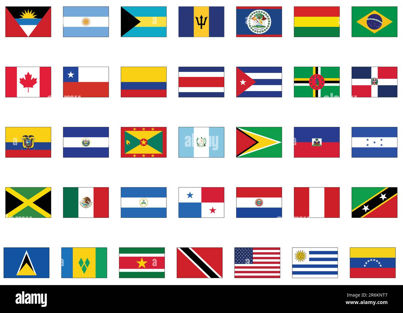 Ein kompletter Vektorsatz von Flaggen aus Amerika. Alle Objekte werden gruppiert und mit dem Ländernamen versehen. Stock Vektor