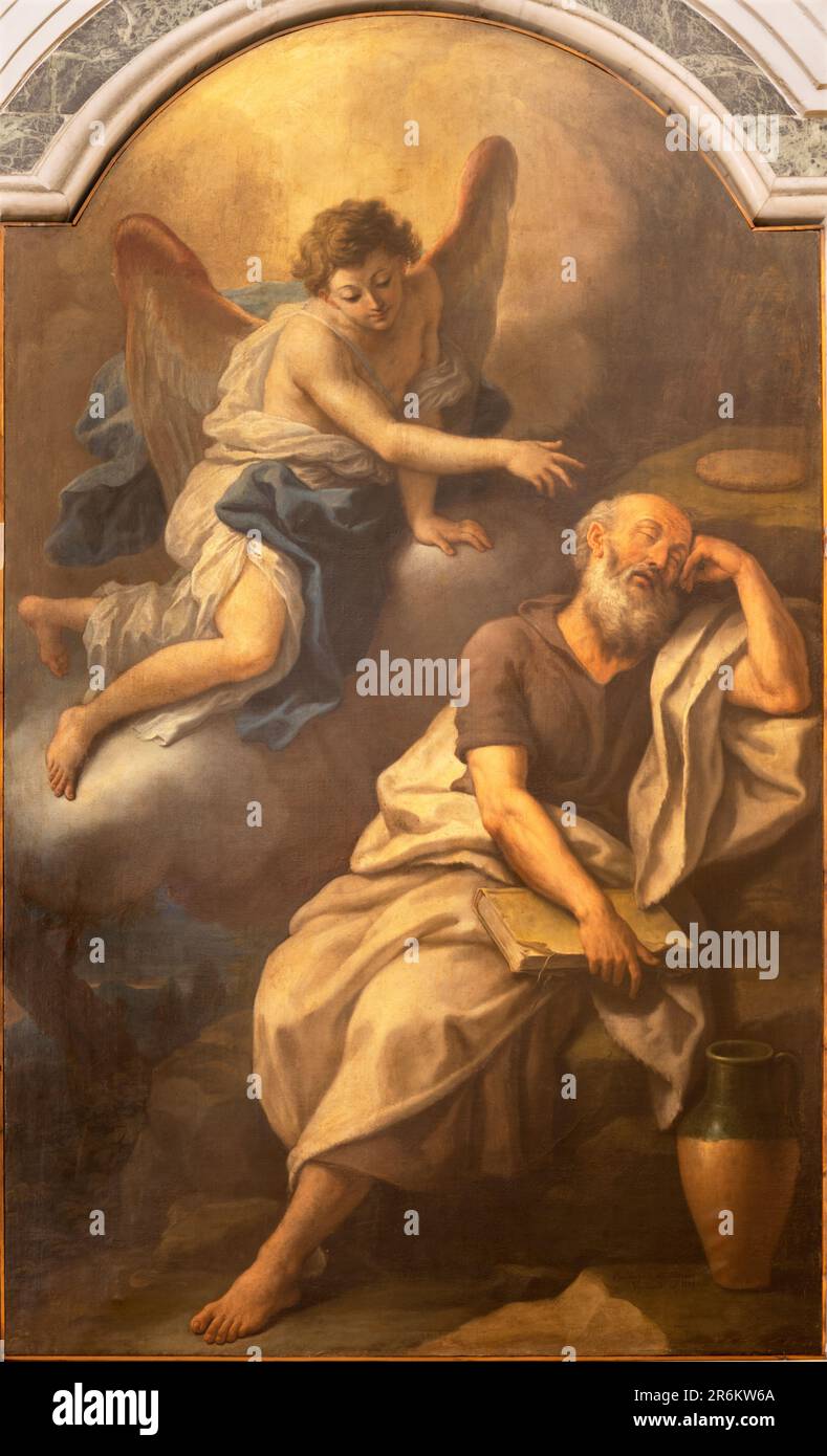 Neapel - das Gemälde Prophet Elijah, das Brot und Wasser von einem Engel in der Kirche Basilika santuario di Santa Maria del Carmine Maggiore erhält Stockfoto