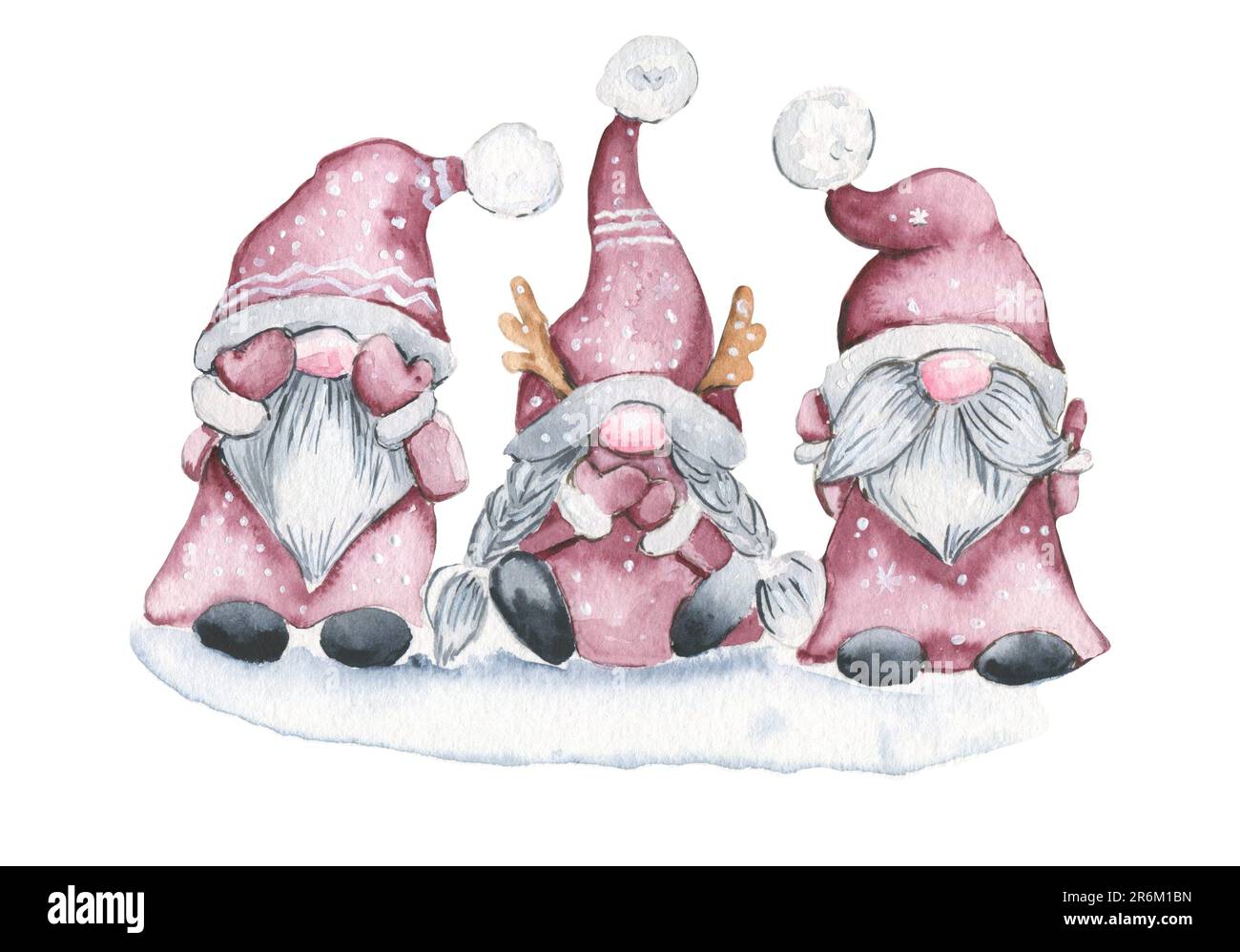 Aquarell drei Zwerge zu Weihnachten. Handgezeichnete Aquarell-Illustration. Winterurlaub. Nichts sehen, nichts hören, nichts sagen. Stockfoto